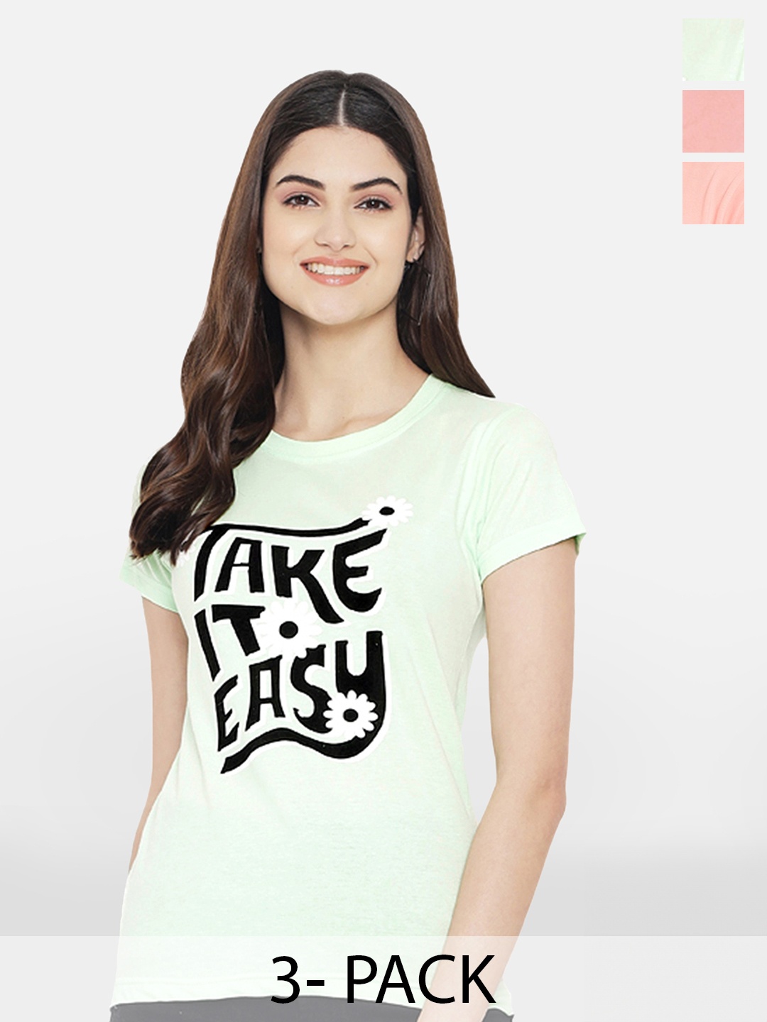 

Fabflee Pack Of 3 Typography Printed Short Sleeves Regular Fit Cotton T-shirt, Green