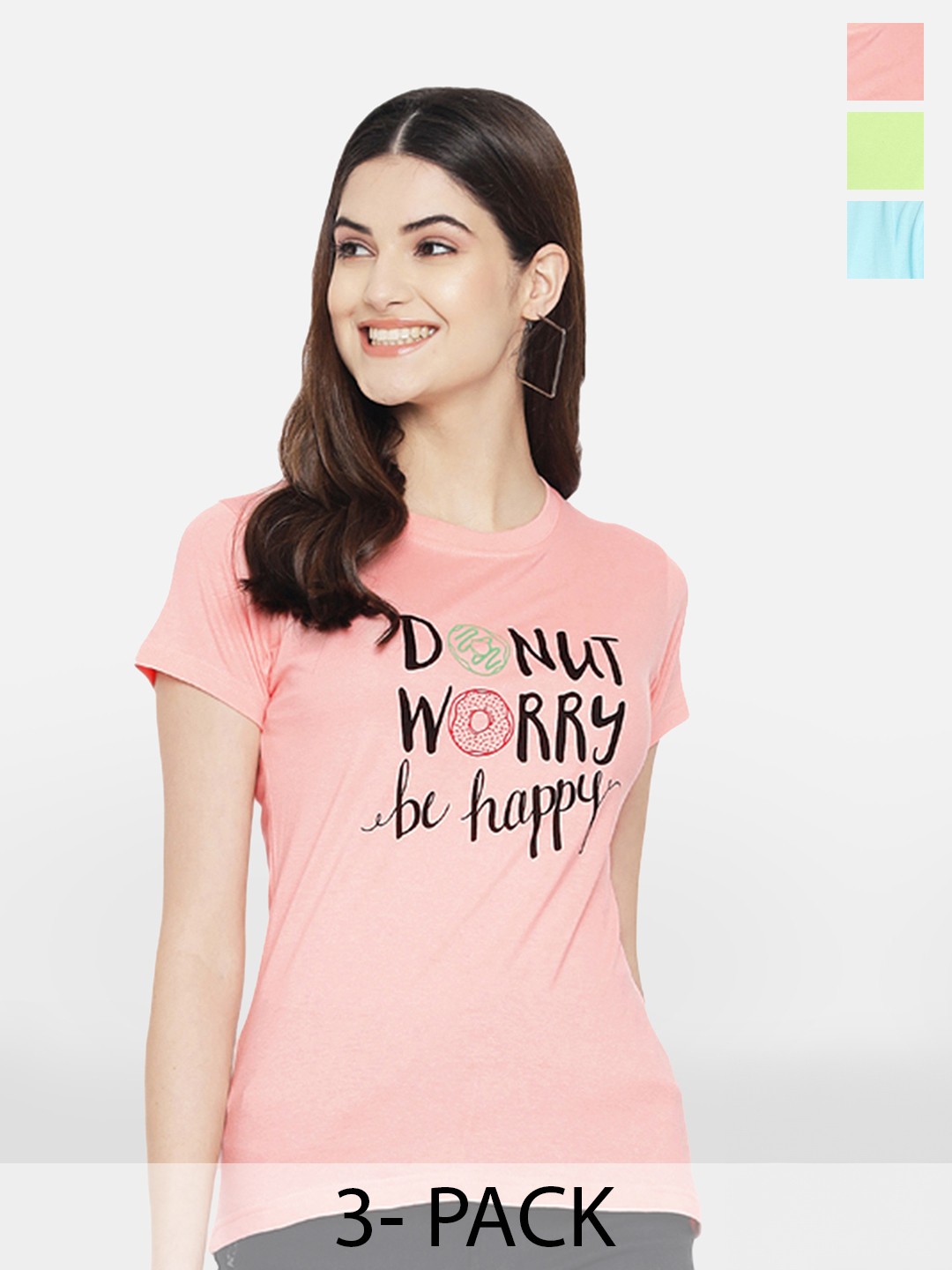 

Fabflee Pack Of 3 Typography Printed Short Sleeves Regular Fit Cotton T-shirt, Pink
