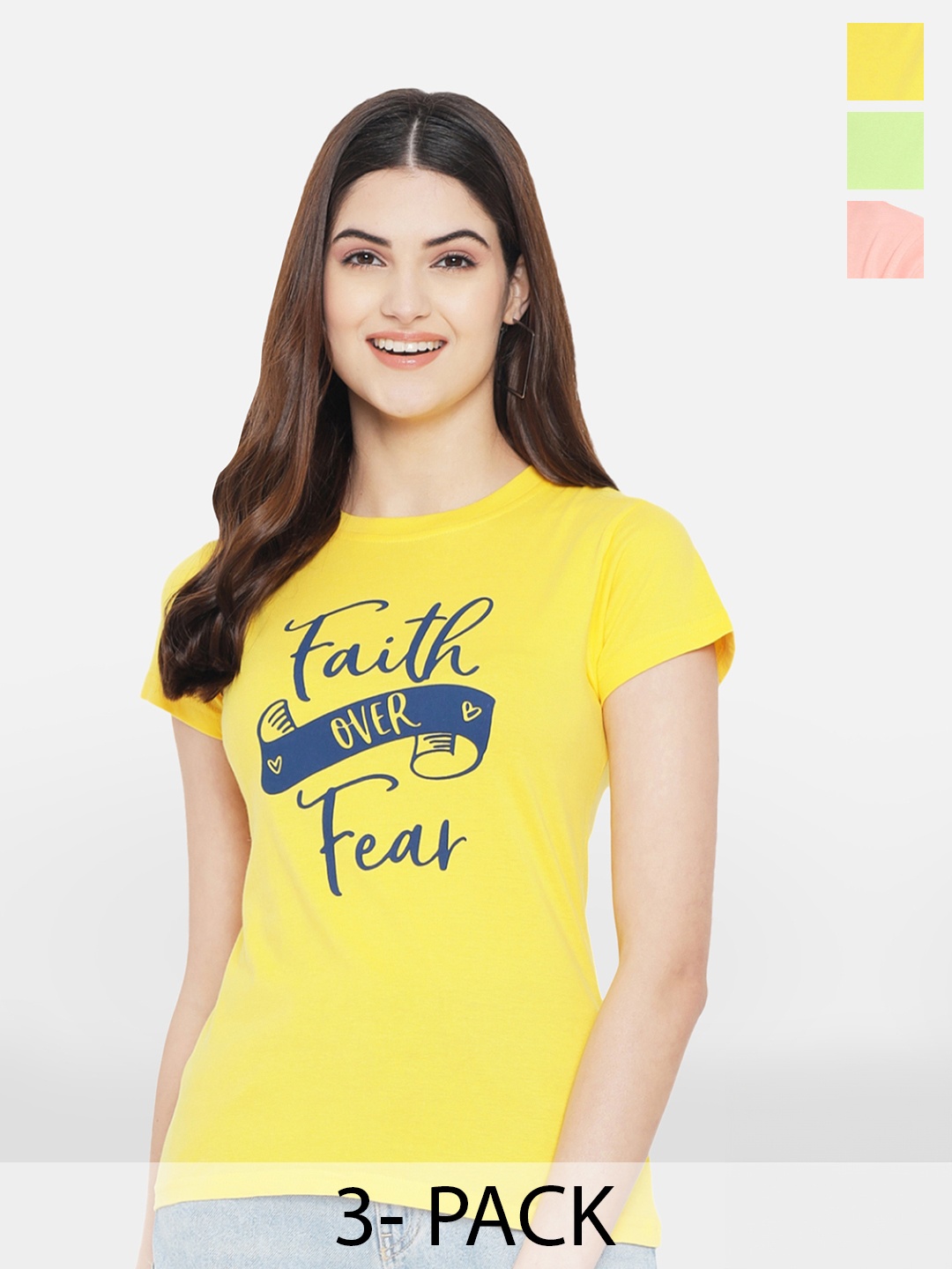 

Fabflee Pack Of 3 Typography Printed Short Sleeves Regular Fit Cotton T-shirt, Yellow