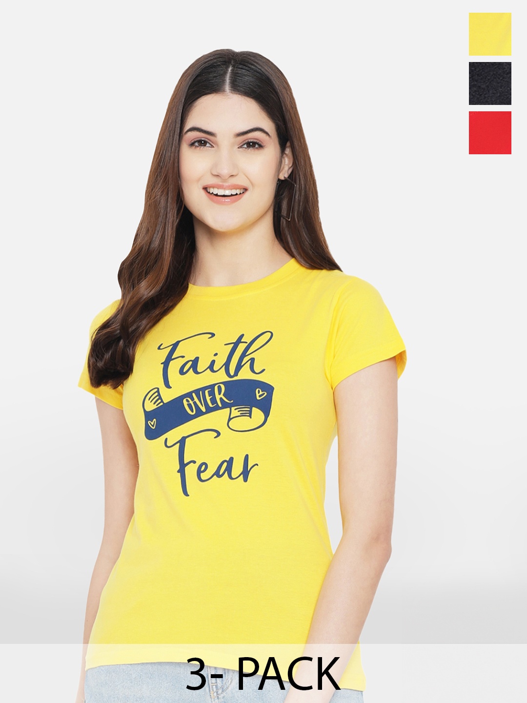 Fabflee Pack Of 3 Typography Printed Cotton T-Shirt, Yellow