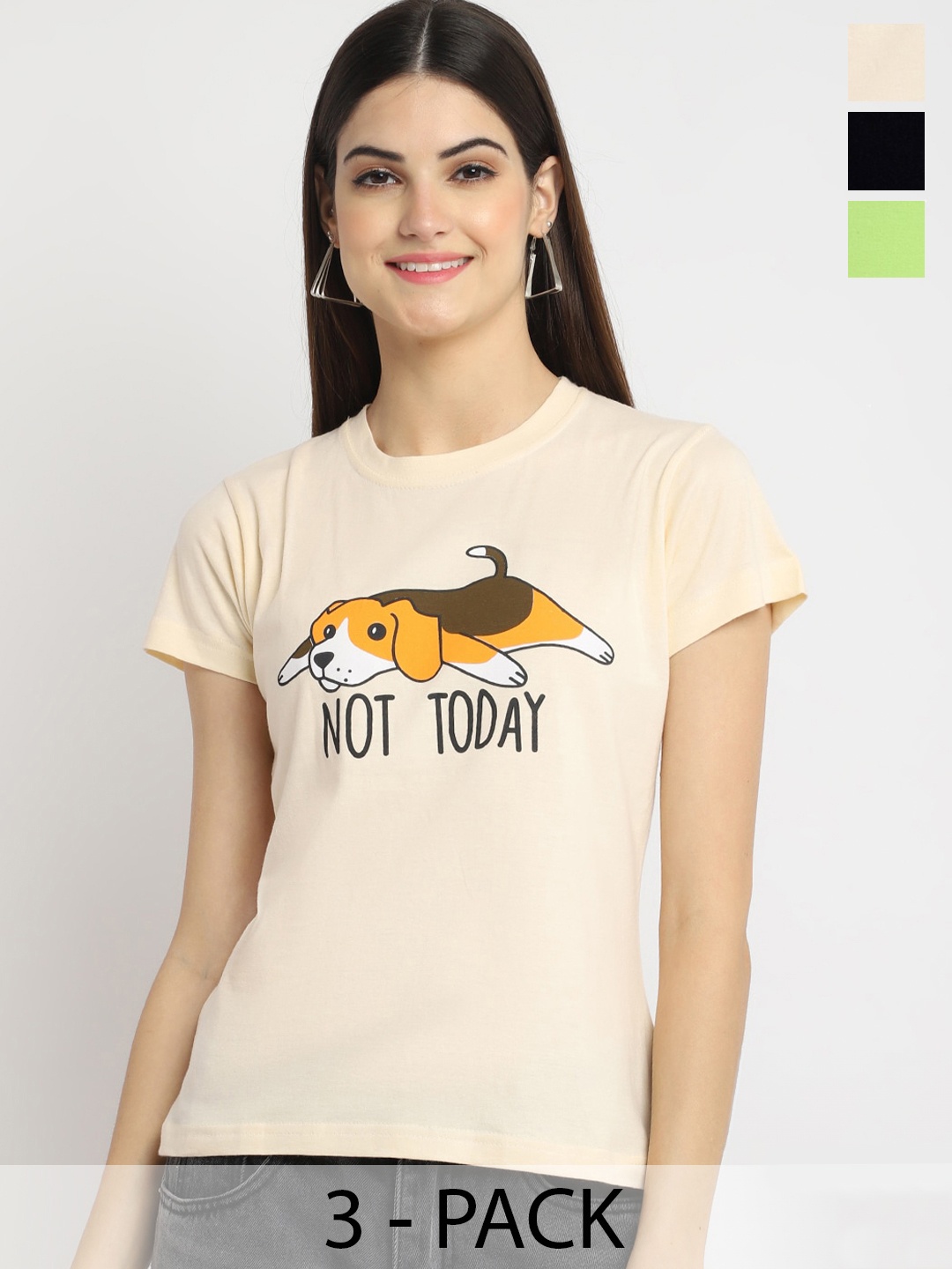 

Fabflee Pack Of 3 Printed Round Neck Cotton T-shirts, Cream