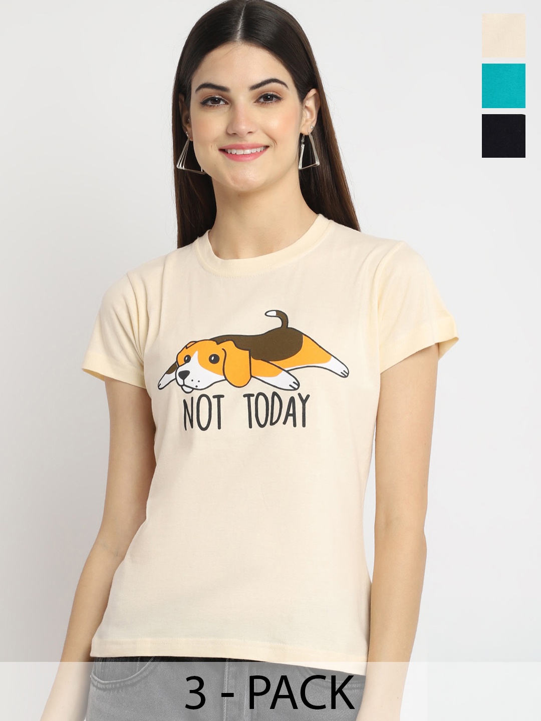 

Fabflee Pack Of 3 Graphic Printed Regular Fit Pure Cotton Casual T-Shirt, Cream
