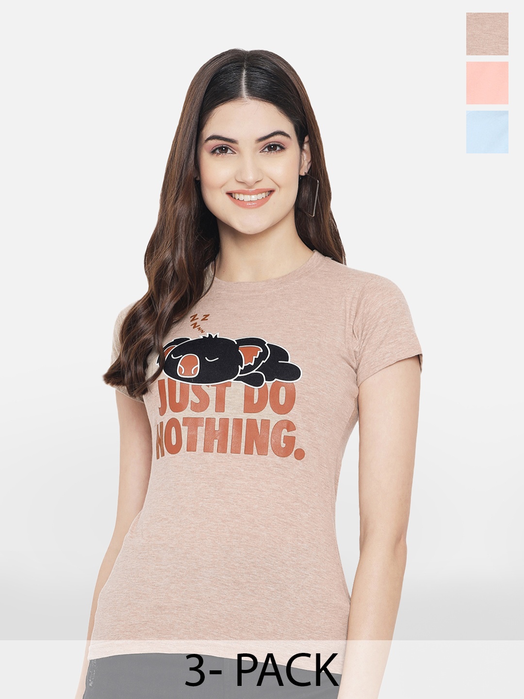 

Fabflee Pack Of 3 Typography Printed Cotton T-Shirt, Peach