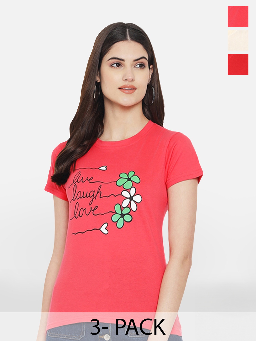 

Fabflee Pack Of 3 Typography Printed Cotton T-Shirt, Peach
