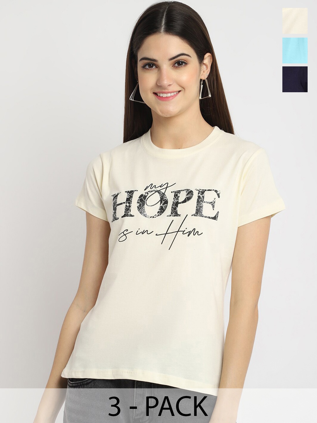 

Fabflee Pack Of 3 Typography Printed Cotton T-Shirt, Beige