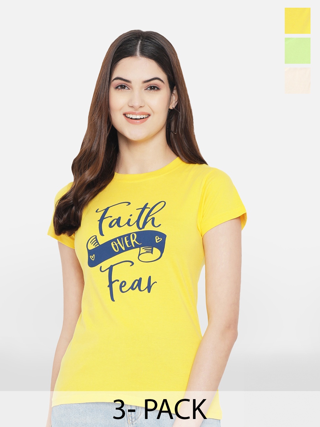 

Fabflee Pack Of 3 Typography Printed Cotton T-Shirt, Yellow