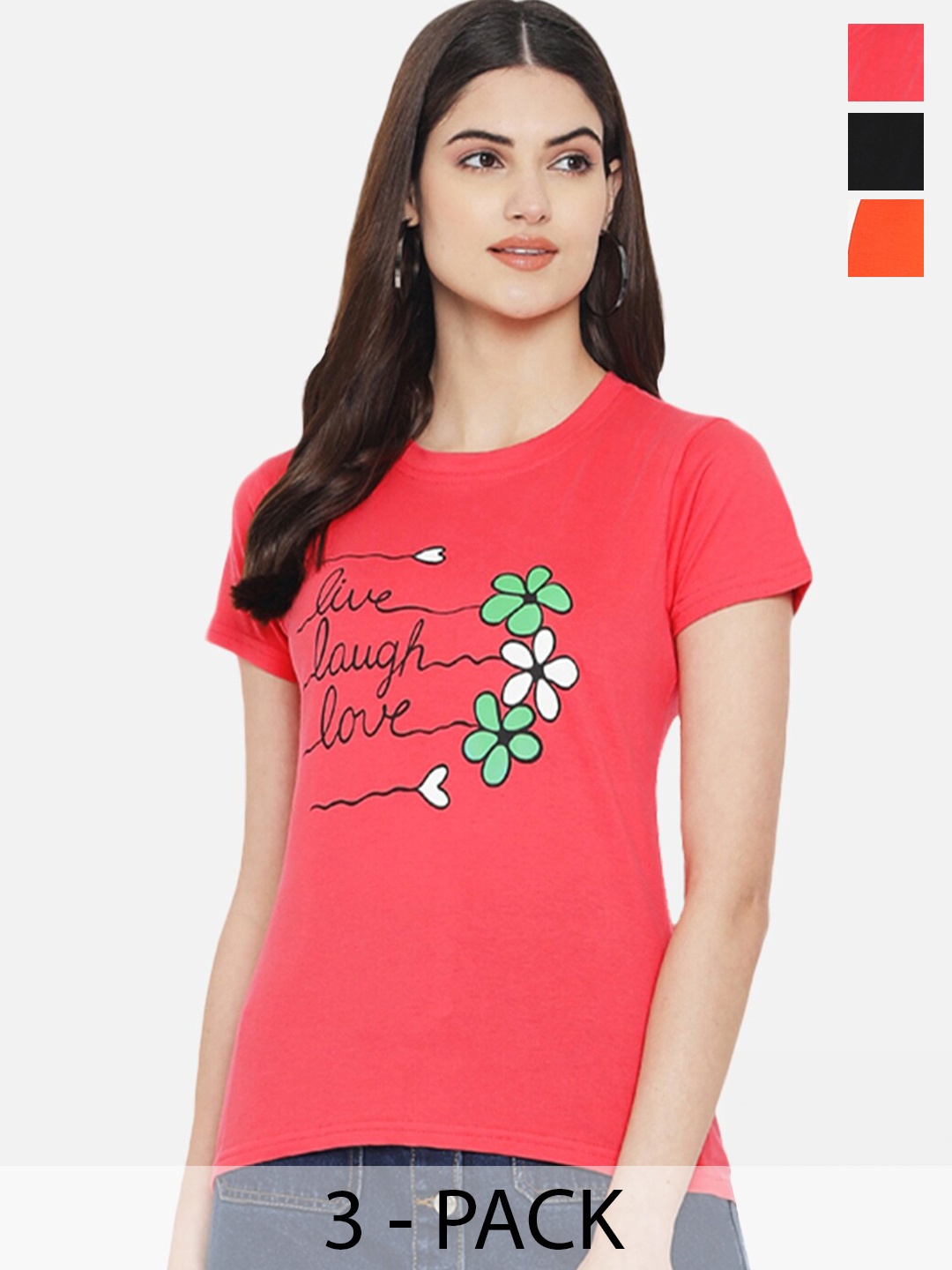 

Fabflee Pack Of 3 Typography Printed Cotton T-shirt, Pink