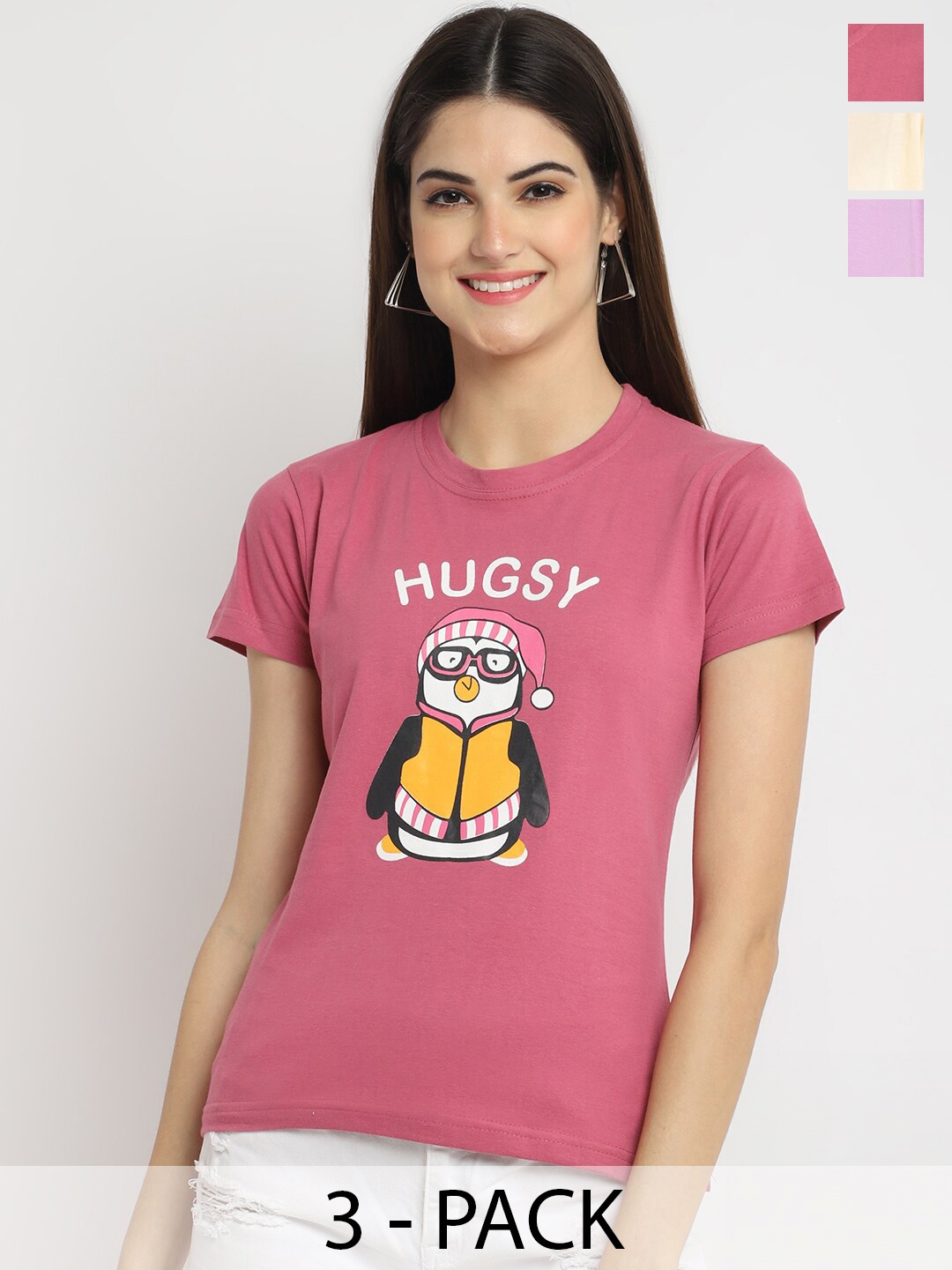 

Fabflee Pack of 3 Printed Cotton T-shirts, Pink