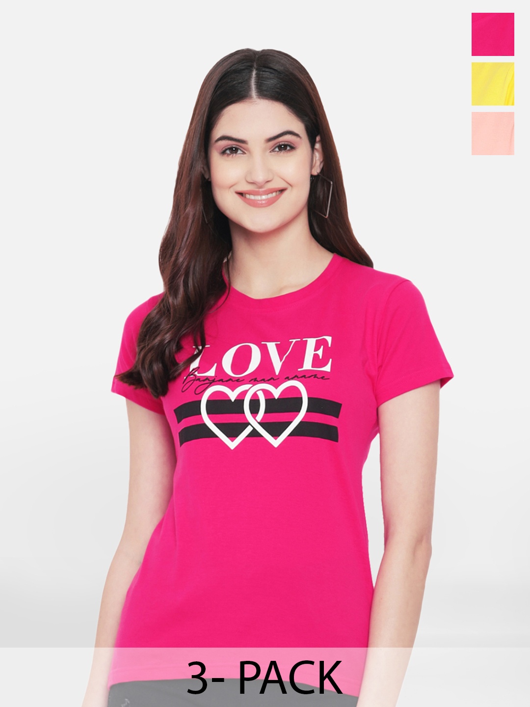 

Fabflee Pack Of 3 Typography Printed Cotton T-Shirt, Pink