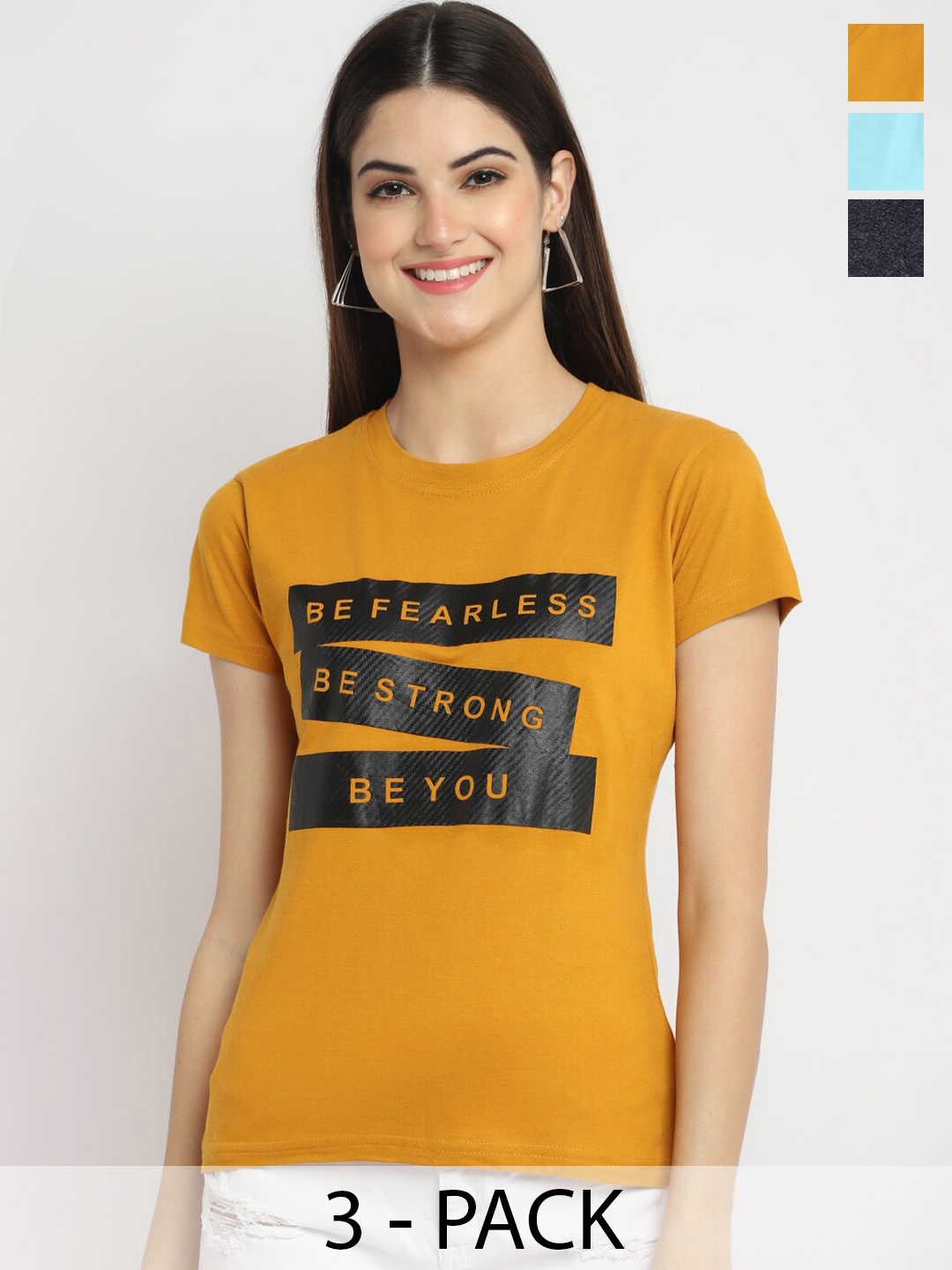 

Fabflee Pack Of 3 Printed Cotton T-shirt, Mustard