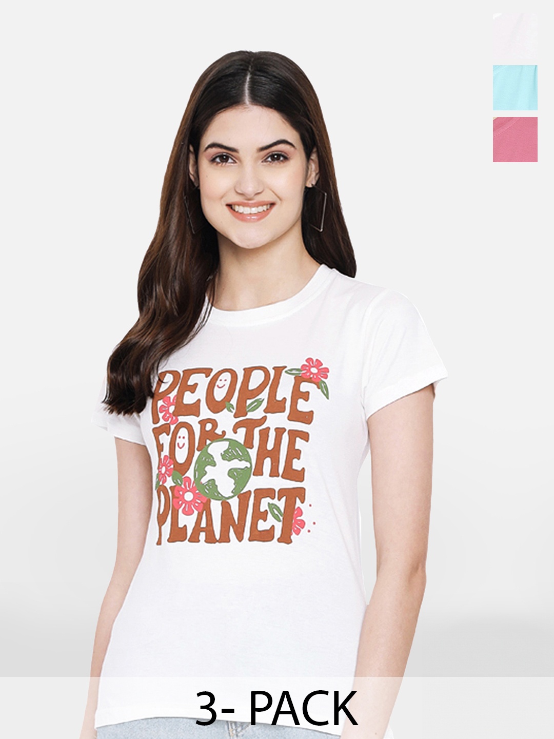 

Fabflee Pack Of 3 Typography Printed Cotton T-Shirt, White