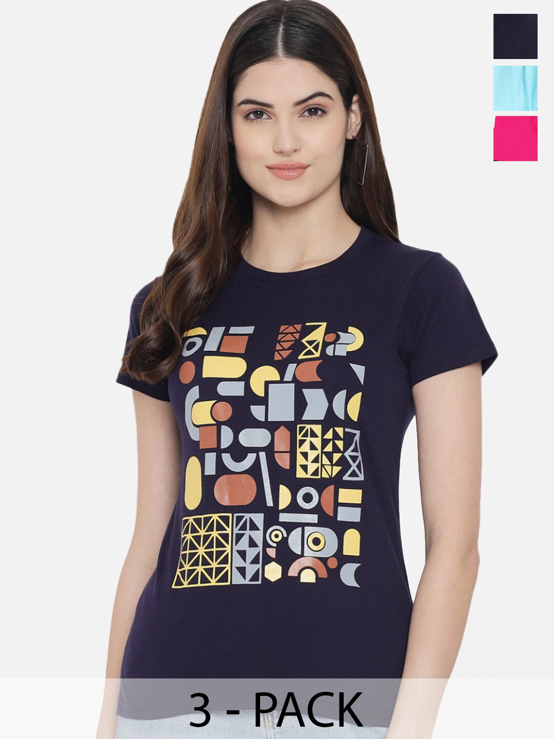 

Fabflee Pack Of 3 Typography Printed Cotton T-shirts, Navy blue