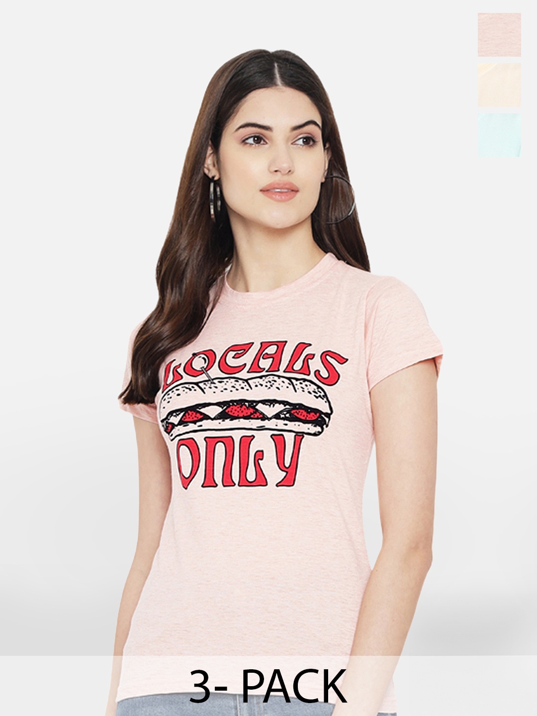 

Fabflee Pack Of 3 Typography Printed Cotton T-Shirt, Peach