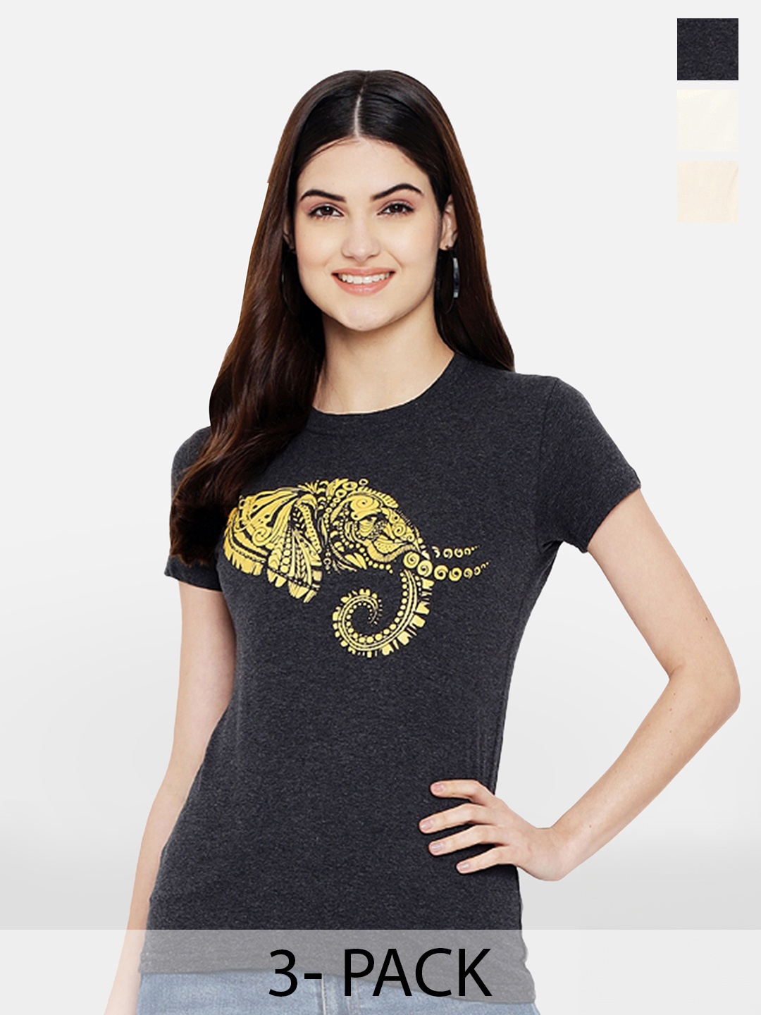 

Fabflee Pack Of 3 Graphic Printed Cotton T-shirts, Black
