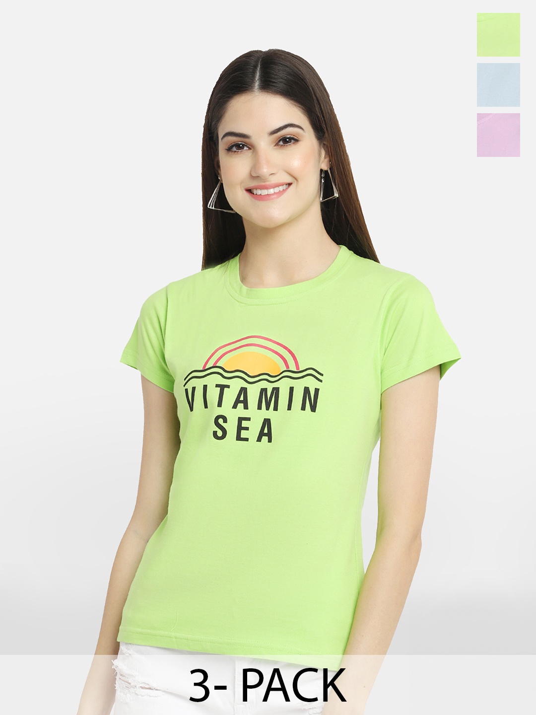 

Fabflee Pack Of 3 Printed Cotton T-shirt, Green