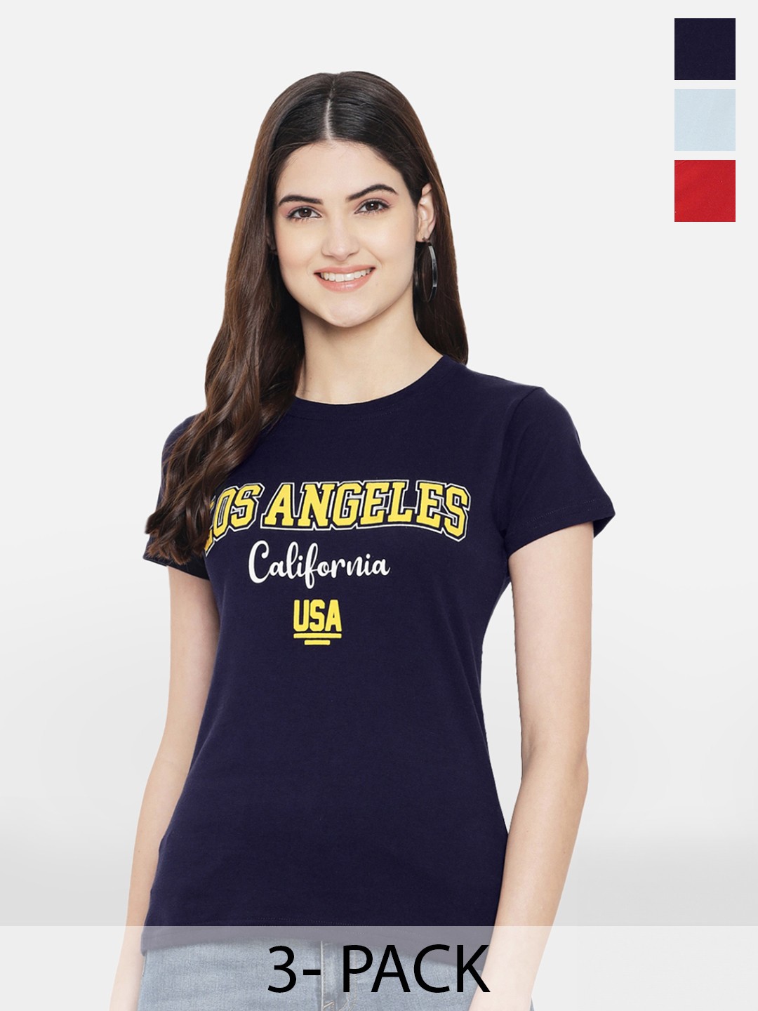 Fabflee Pack Of 3 Typography Printed Cotton T-shirt, Navy blue