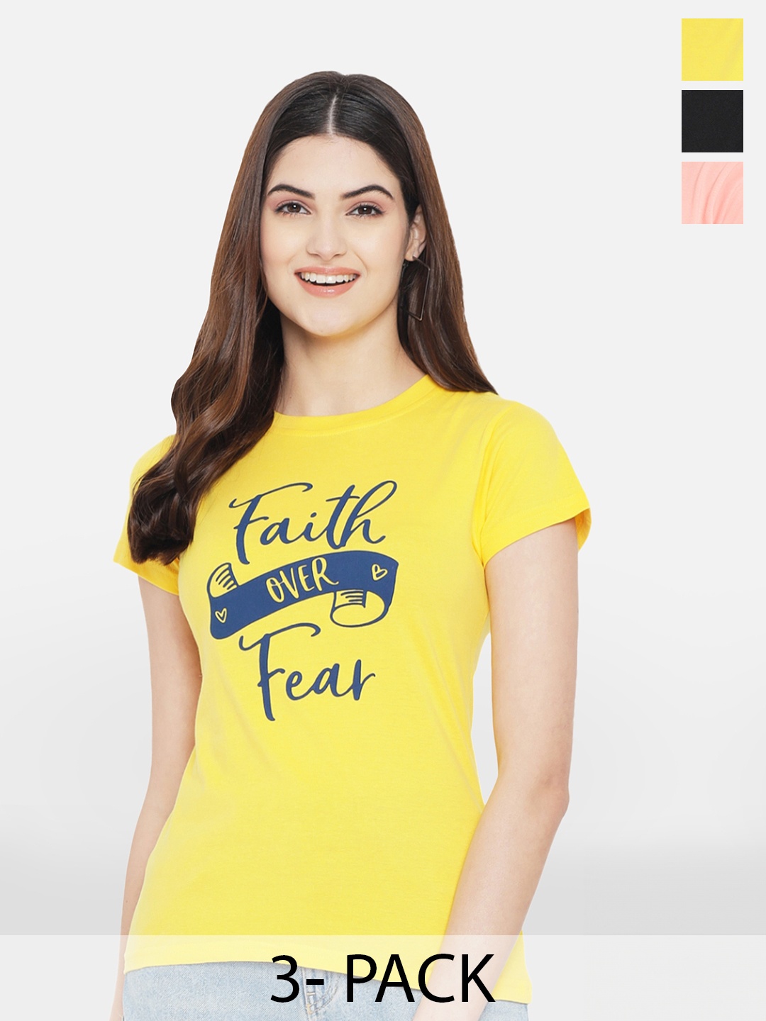 

Fabflee Pack Of 3 Typography Printed Cotton T-shirt, Yellow