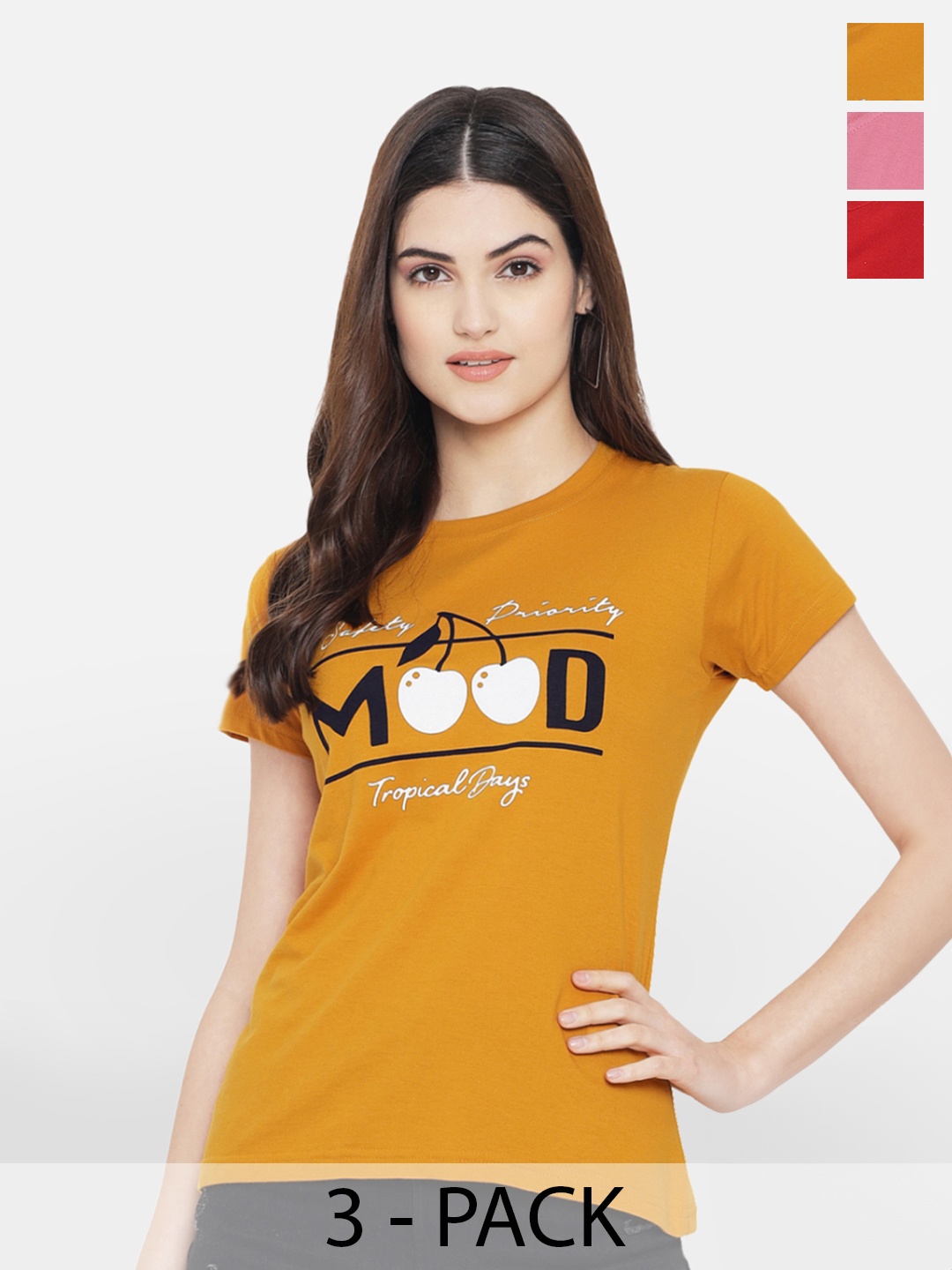 

Fabflee Pack of 3 Typography Printed Cotton T-shirts, Yellow