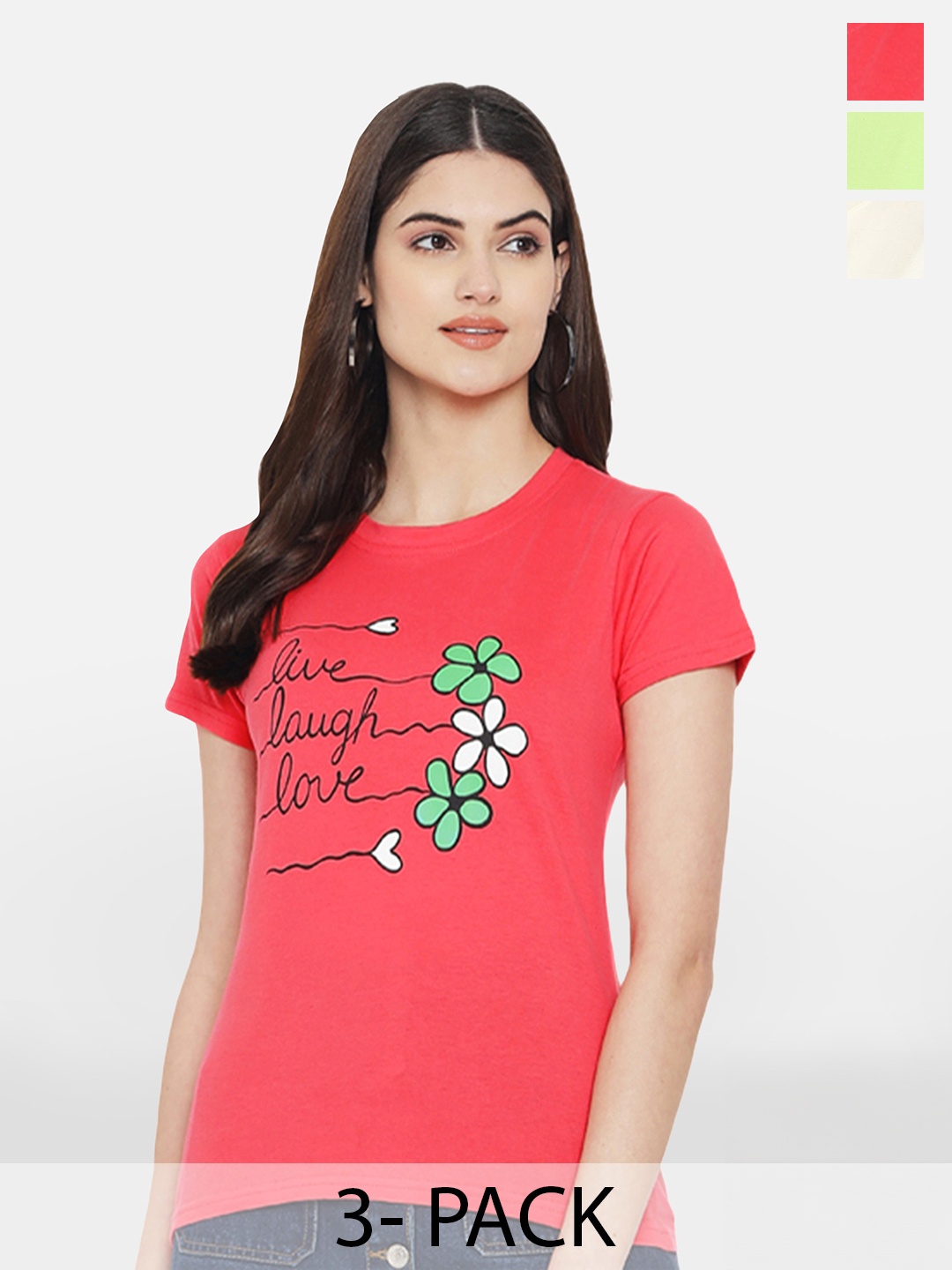 Fabflee Pack Of 3 Typography Printed Cotton T-shirt, Red