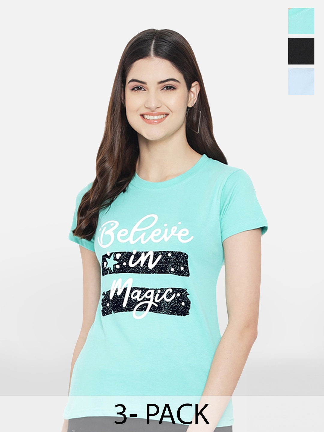 

Fabflee Pack Of 3 Printed Cotton T-shirts, Turquoise blue