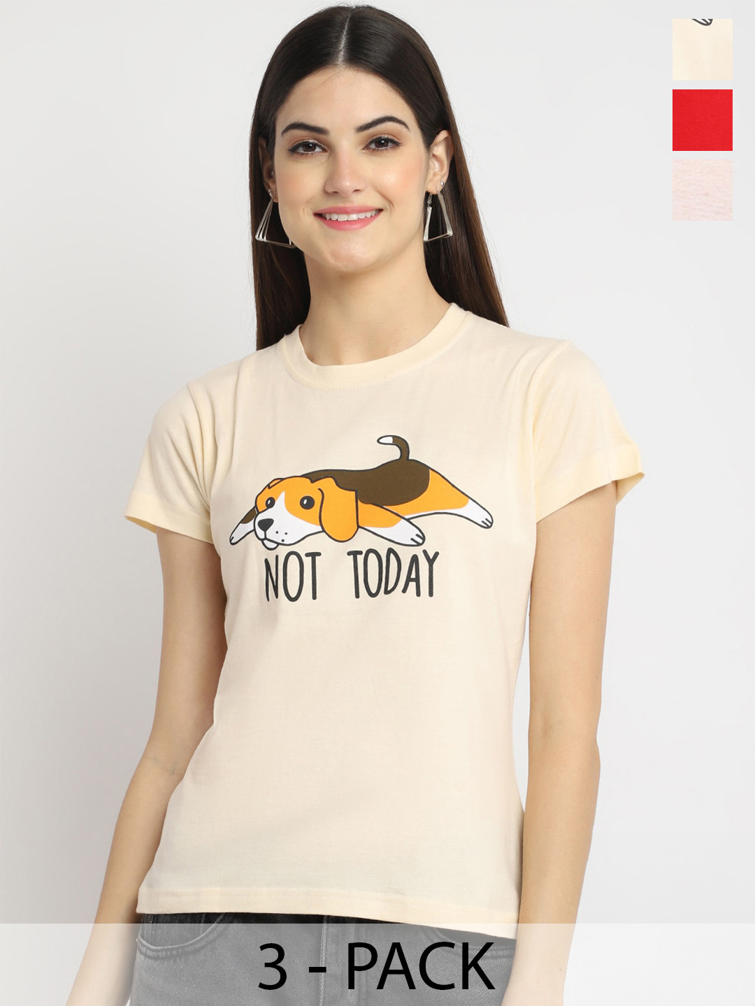 

Fabflee Pack Of 3 Graphic Printed Regular Fit Pure Cotton Casual T-Shirt, Cream