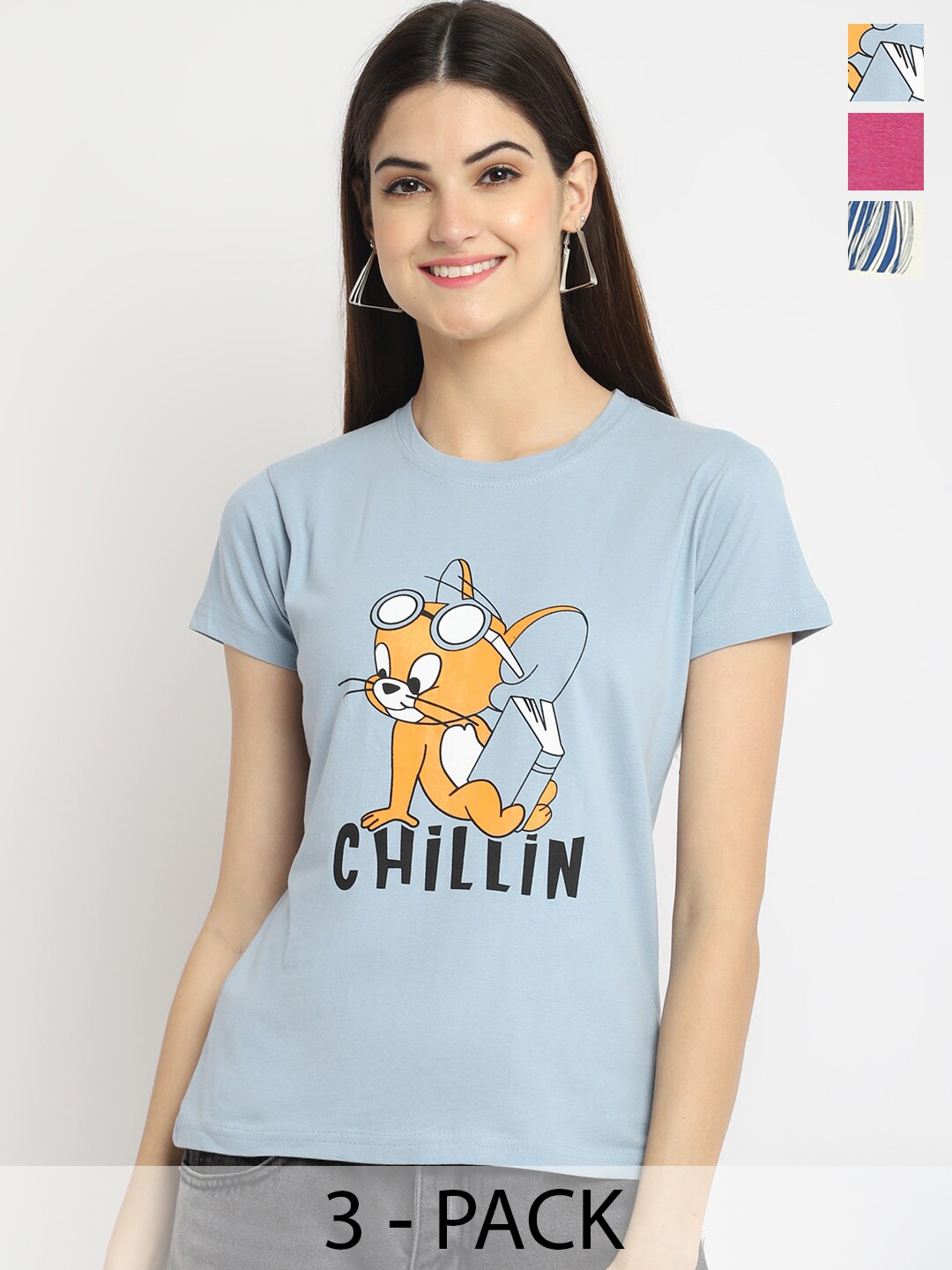

Fabflee Pack Of 3 Graphic Printed Cotton T-shirt, Blue