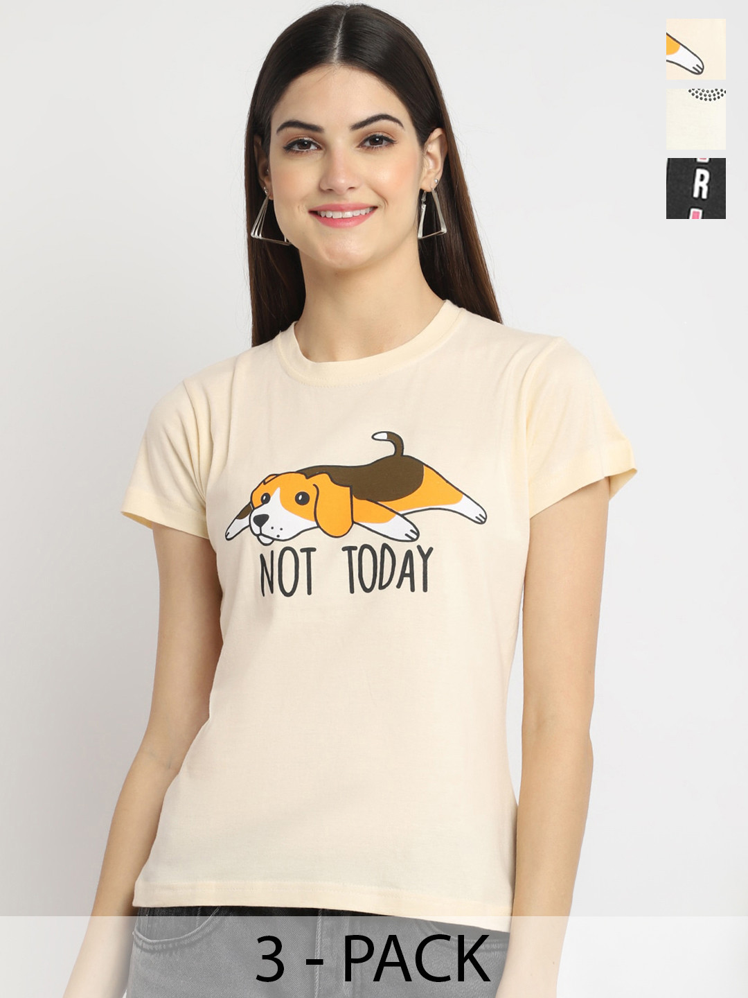 

Fabflee Pack Of 3 Typography Printed Cotton T-shirt, Cream