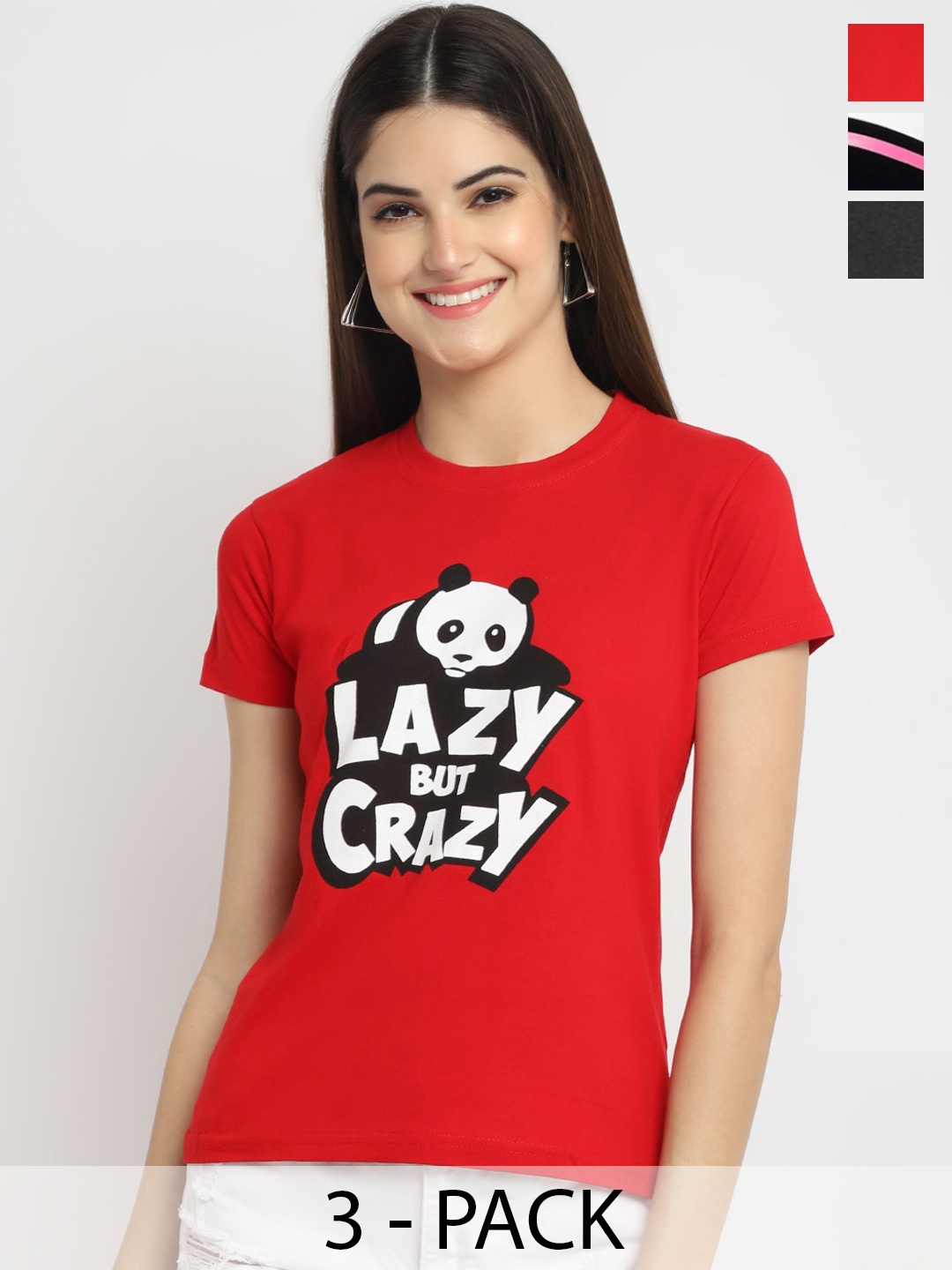 

Fabflee Pack Of 3 Typography Printed Cotton T-shirts, Red
