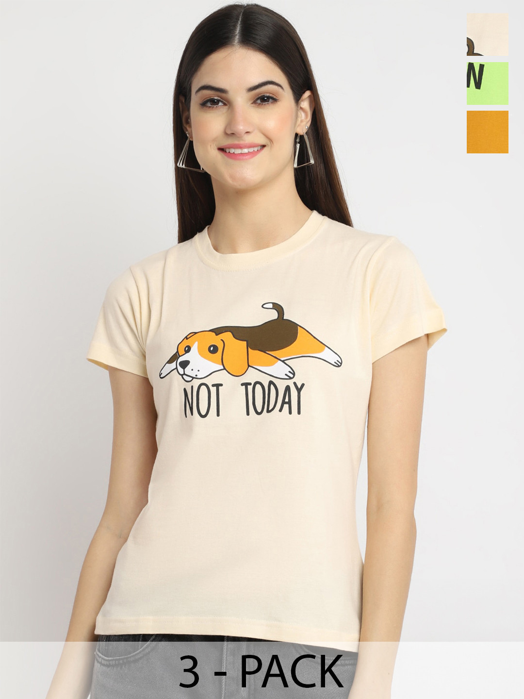 

Fabflee Pack Of 3 Printed Cotton T-shirt, Beige