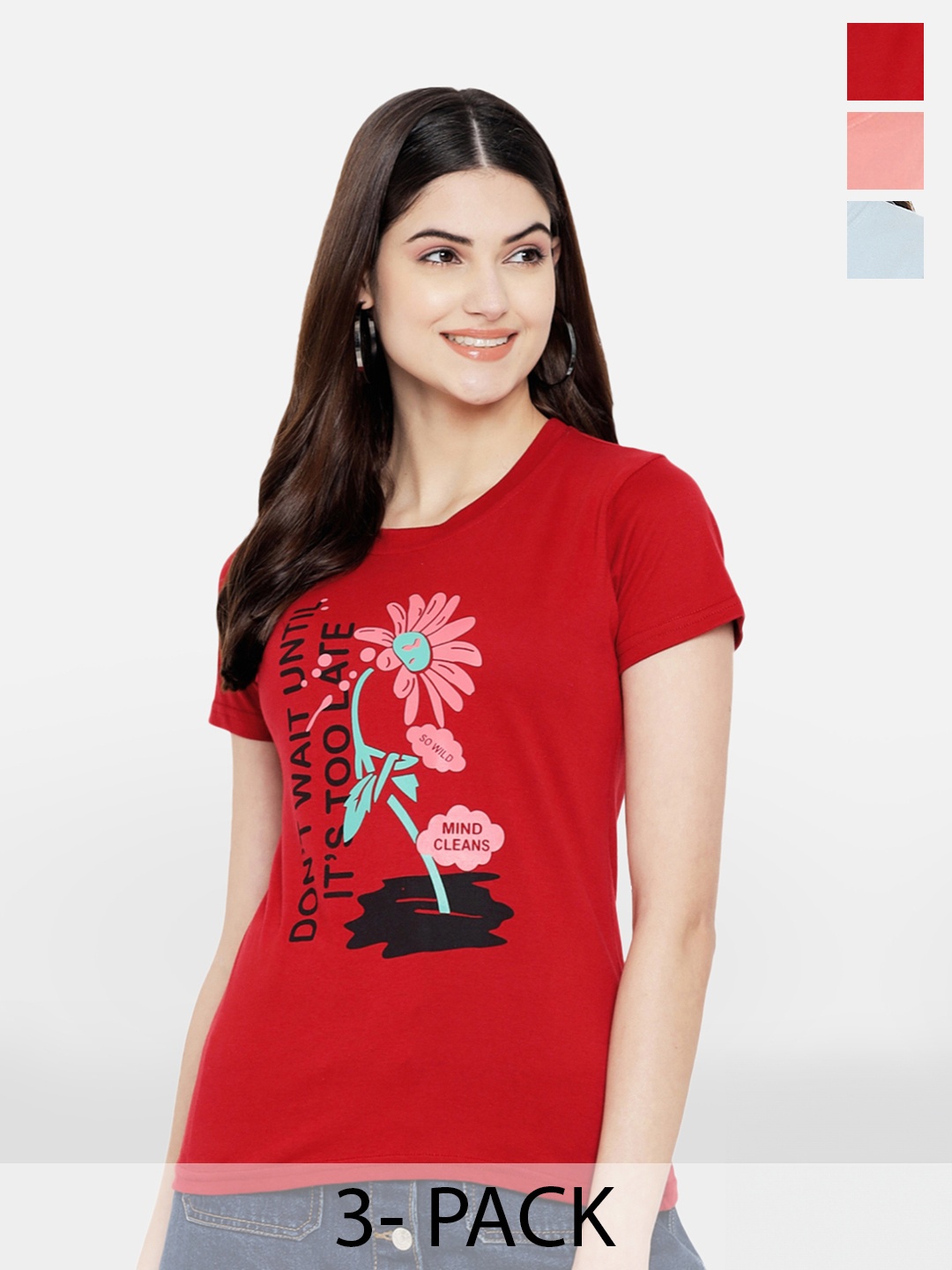 

Fabflee Pack Of 3 Printed Cotton T-shirts, Red