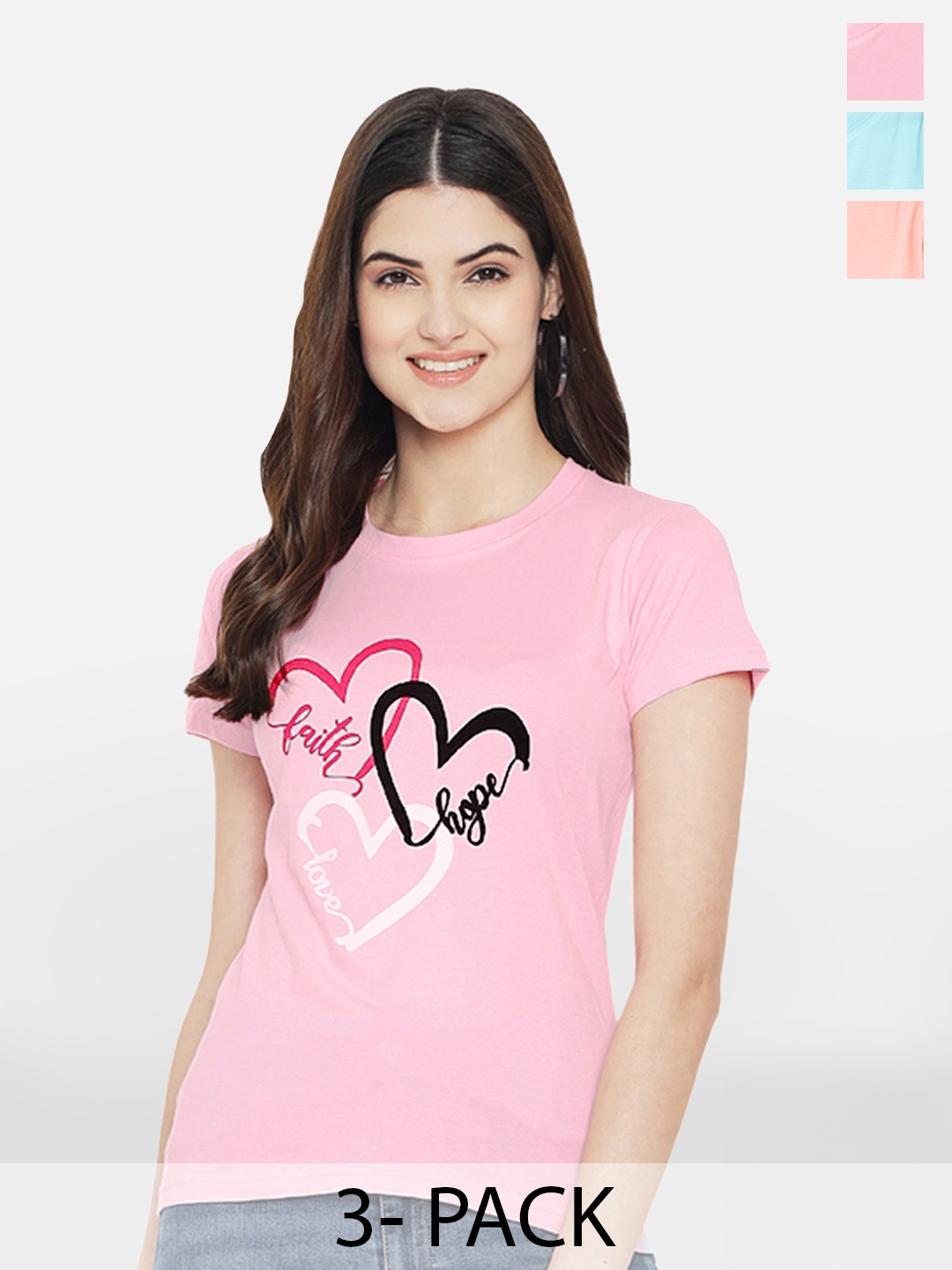 

Fabflee Pack Of 3 Typography Printed Cotton T-shirt, Pink