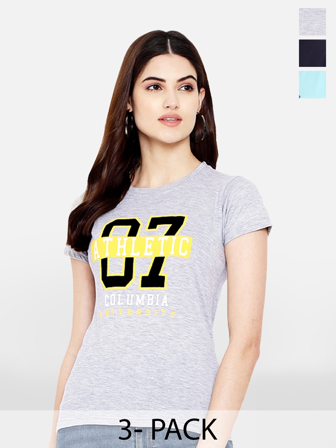 

Fabflee Pack Of 3 Typography Printed Cotton T-shirt, Grey