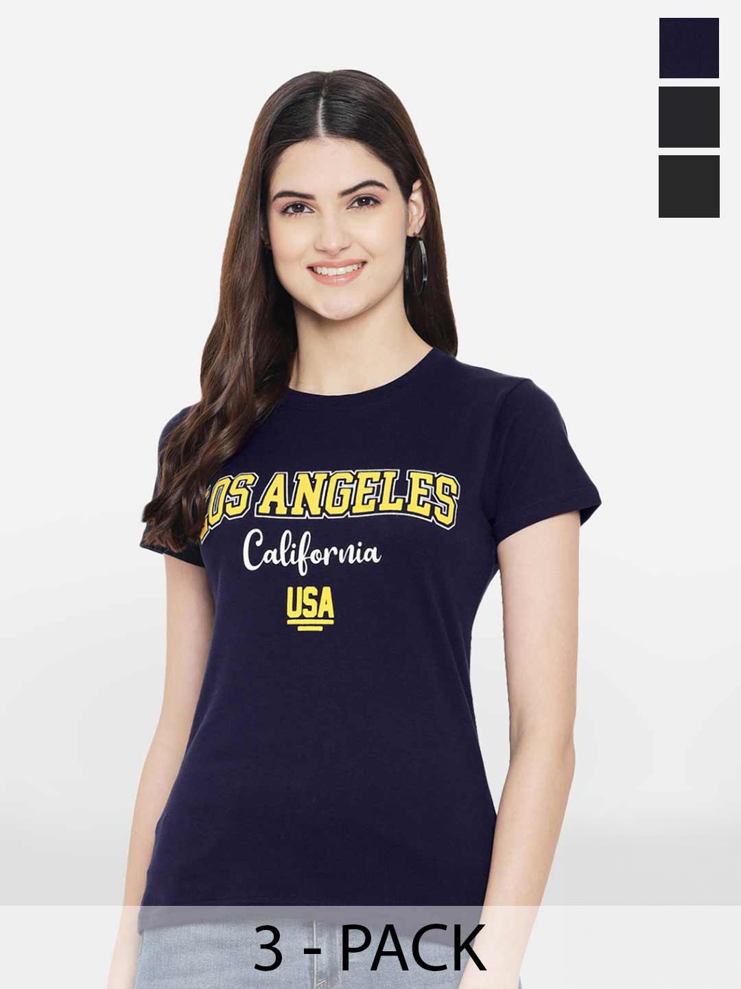 

Fabflee Pack Of 3 Typography Printed Cotton T-shirt, Navy blue