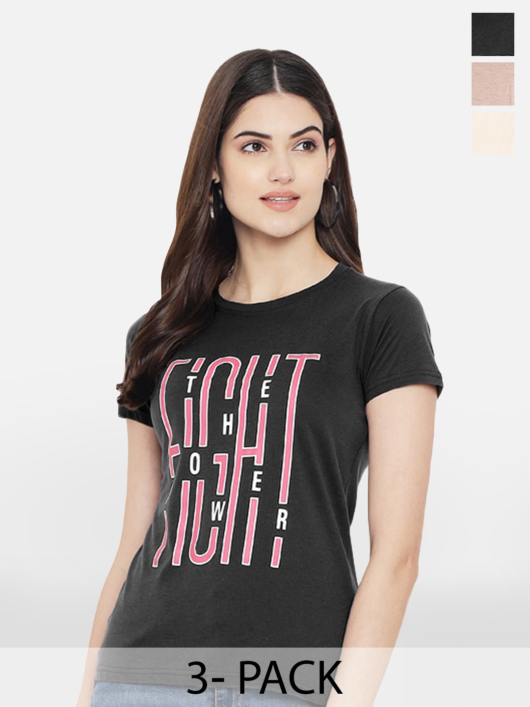 Fabflee Pack Of 3 Typography Printed Cotton T-shirt, Black
