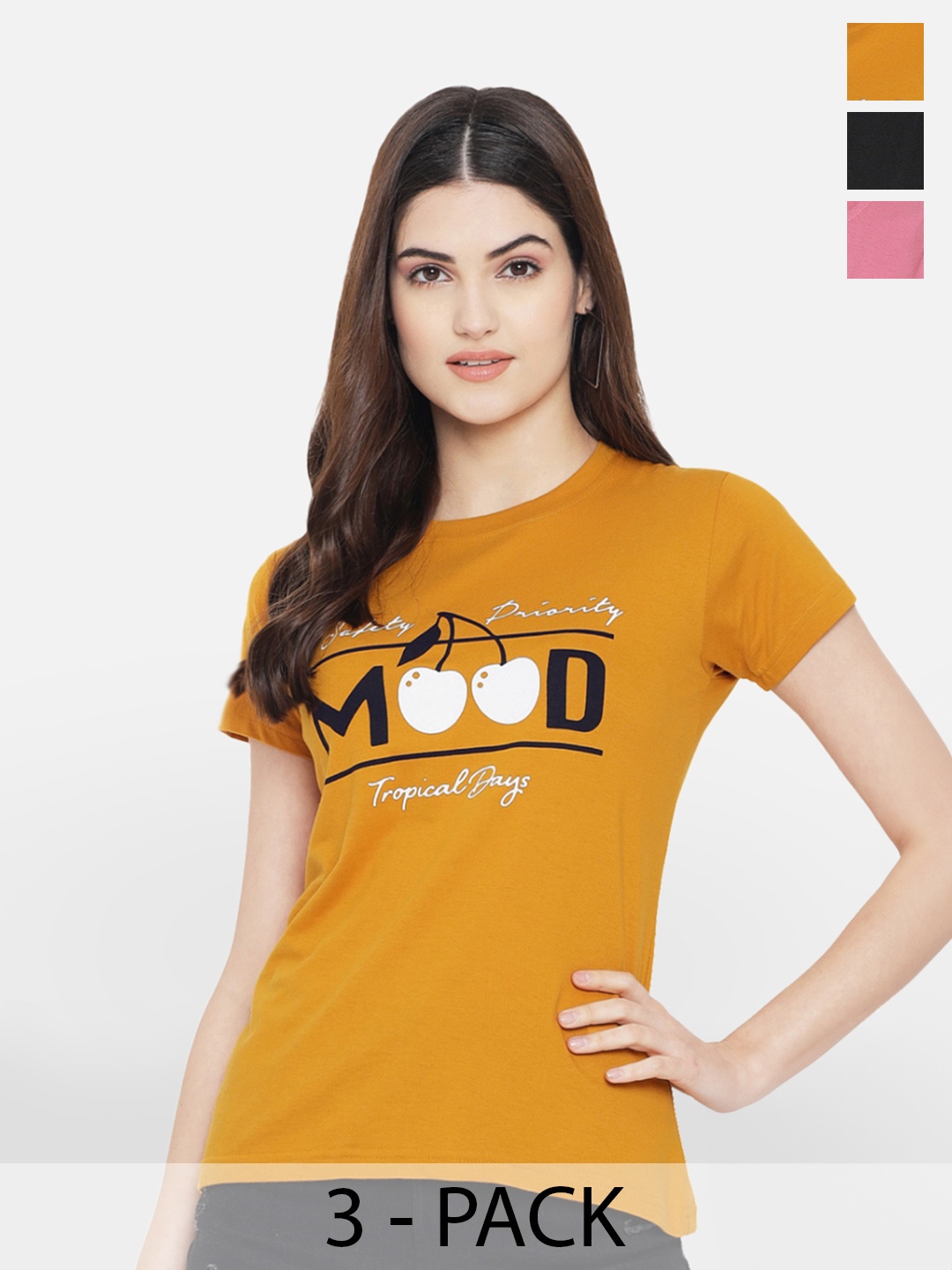 

Fabflee Pack Of 3 Typography Printed Cotton T-shirt, Mustard