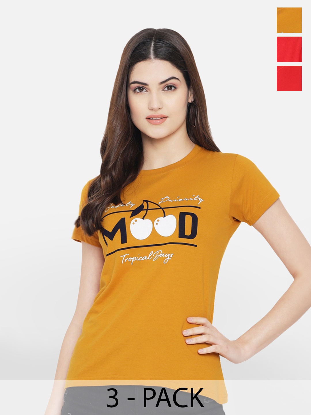 

Fabflee Pack Of 3 Typography Printed Cotton T-shirt, Mustard