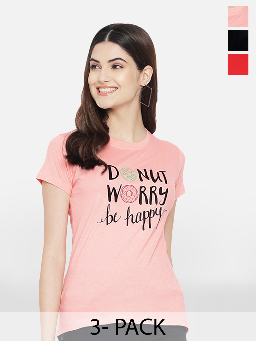 

Fabflee Pack Of 3 Typography Printed Casual Cotton T-shirt, Pink