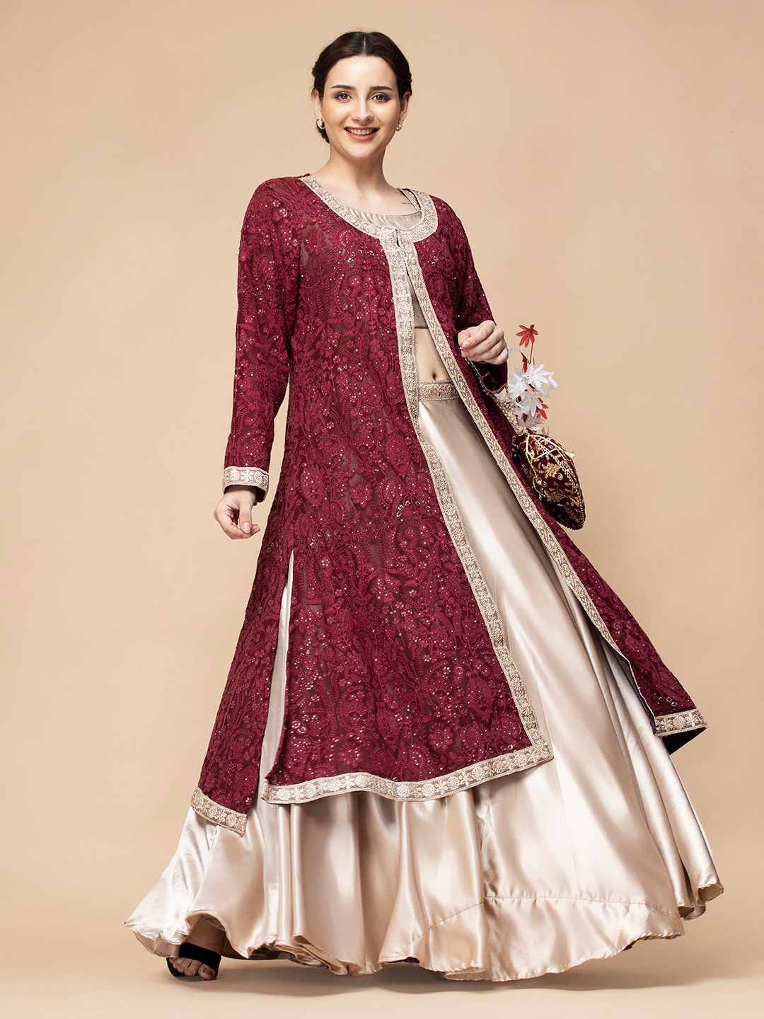 

MILU MADAN Embroidered Ready to Wear Lehenga Choli With Jacket, Maroon