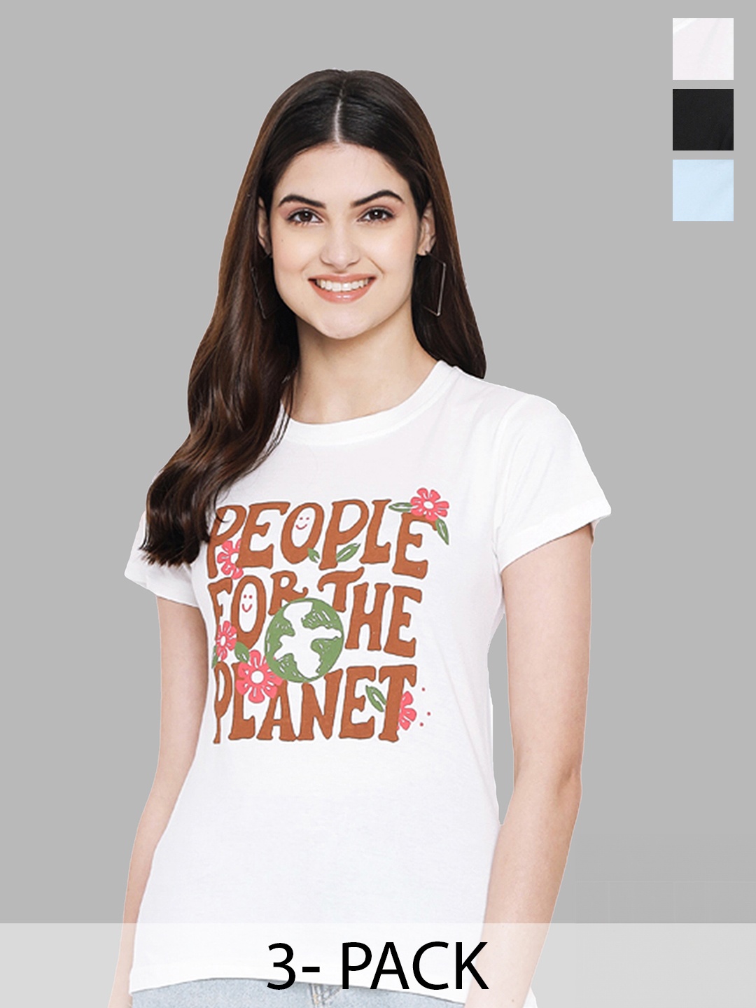

Fabflee Pack Of 3 Typography Printed Cotton T-Shirts, White