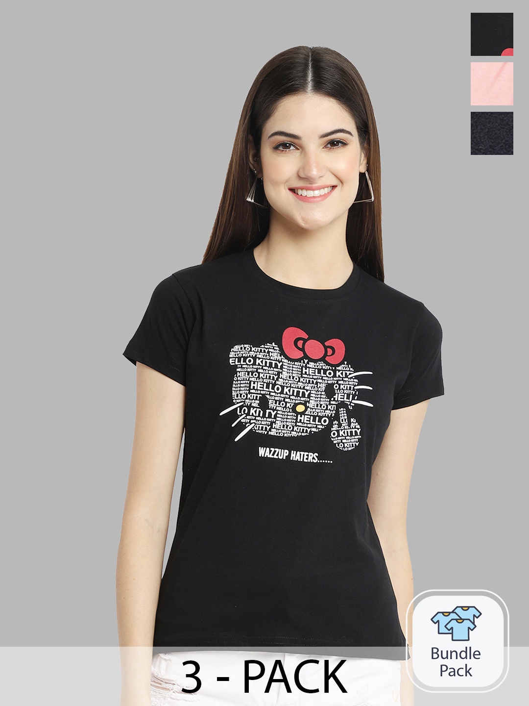 

Fabflee Pack Of 3 Graphic Printed Cotton T-Shirts, Black