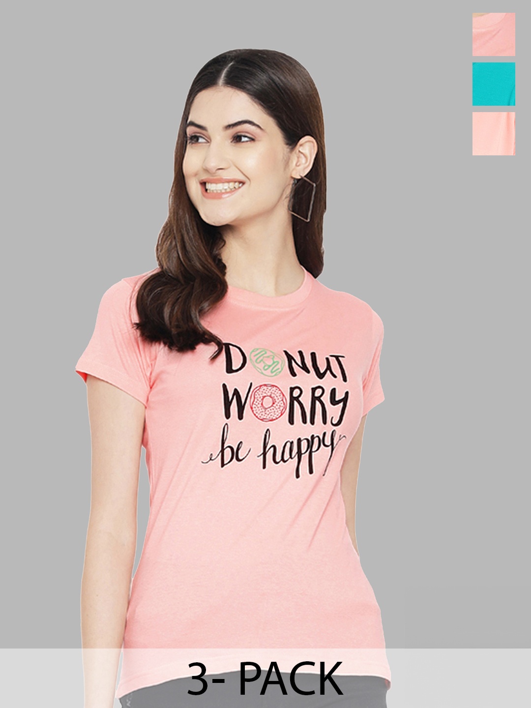 

Fabflee Pack Of 3 Typography Printed Pure Cotton T-shirt, Pink