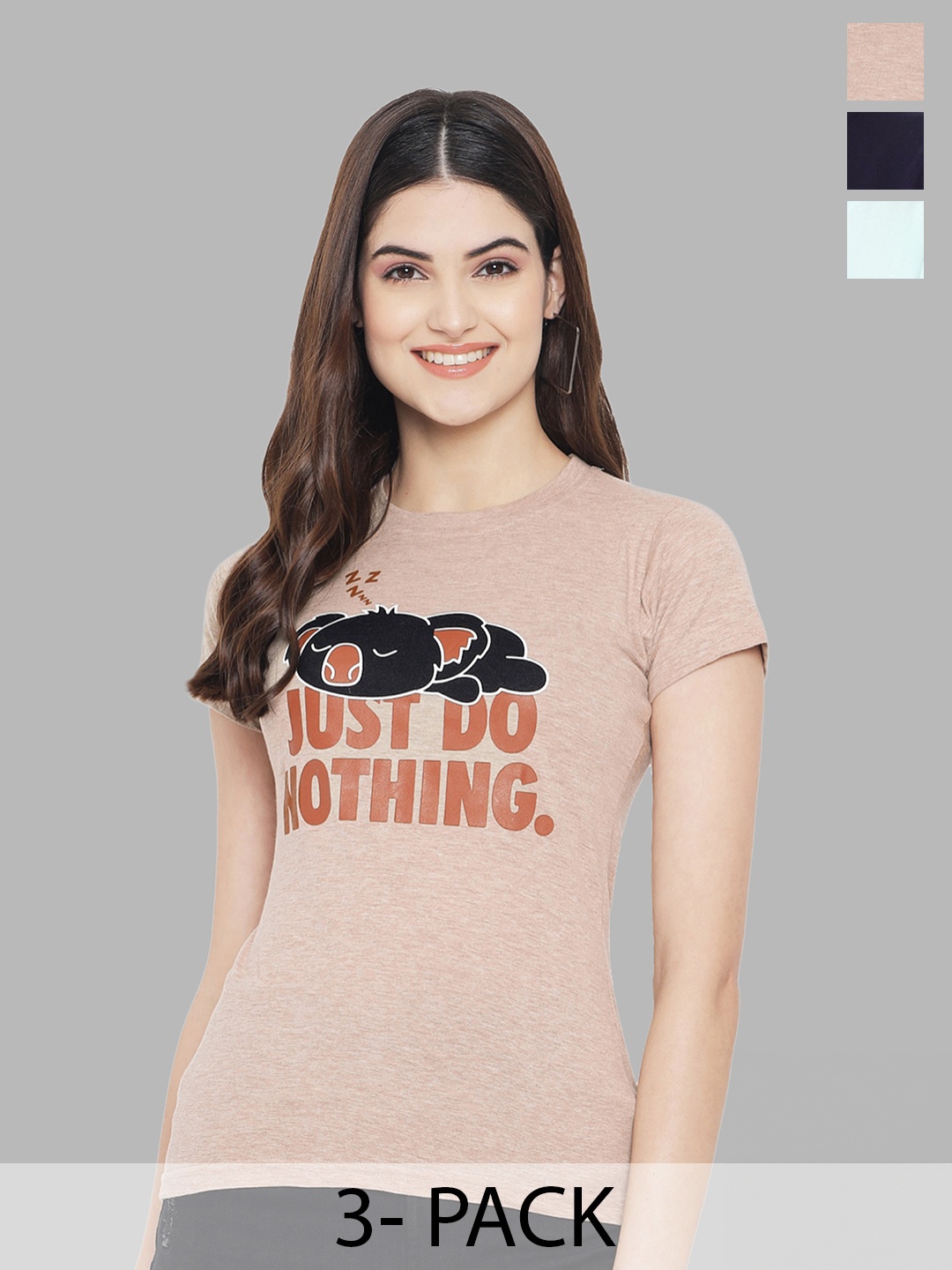 

Fabflee Pack Of 3 Typography Printed Pure Cotton T-shirt, Beige