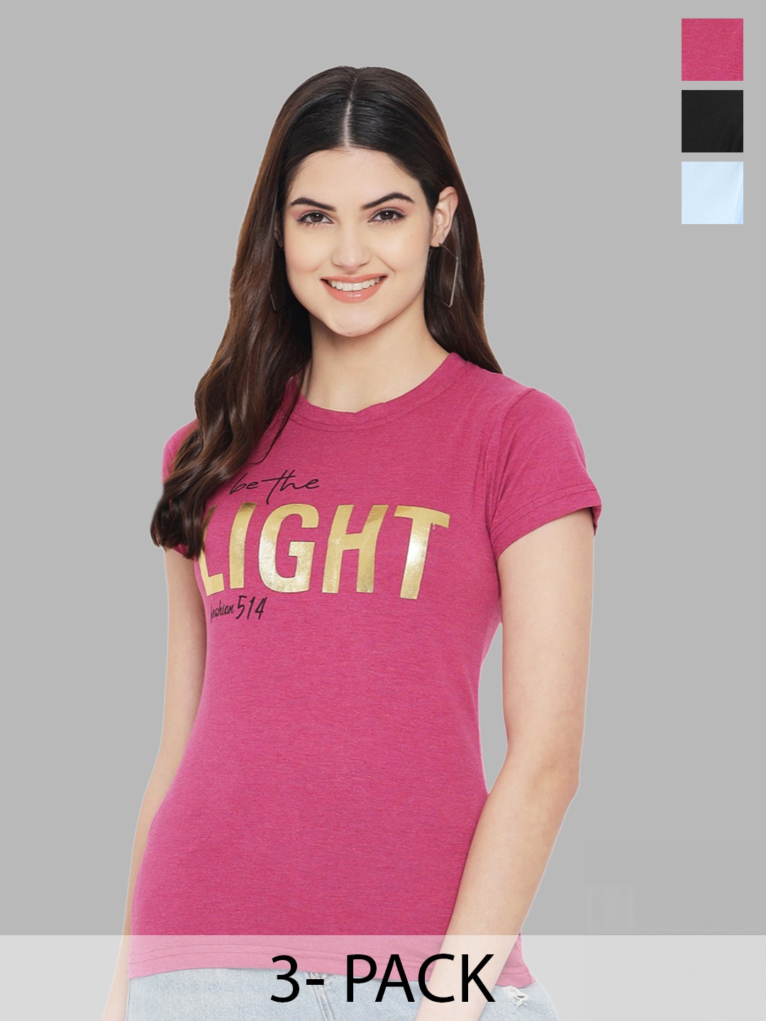 Fabflee Pack Of 3 Typography Printed Pure Cotton T-shirt, Pink