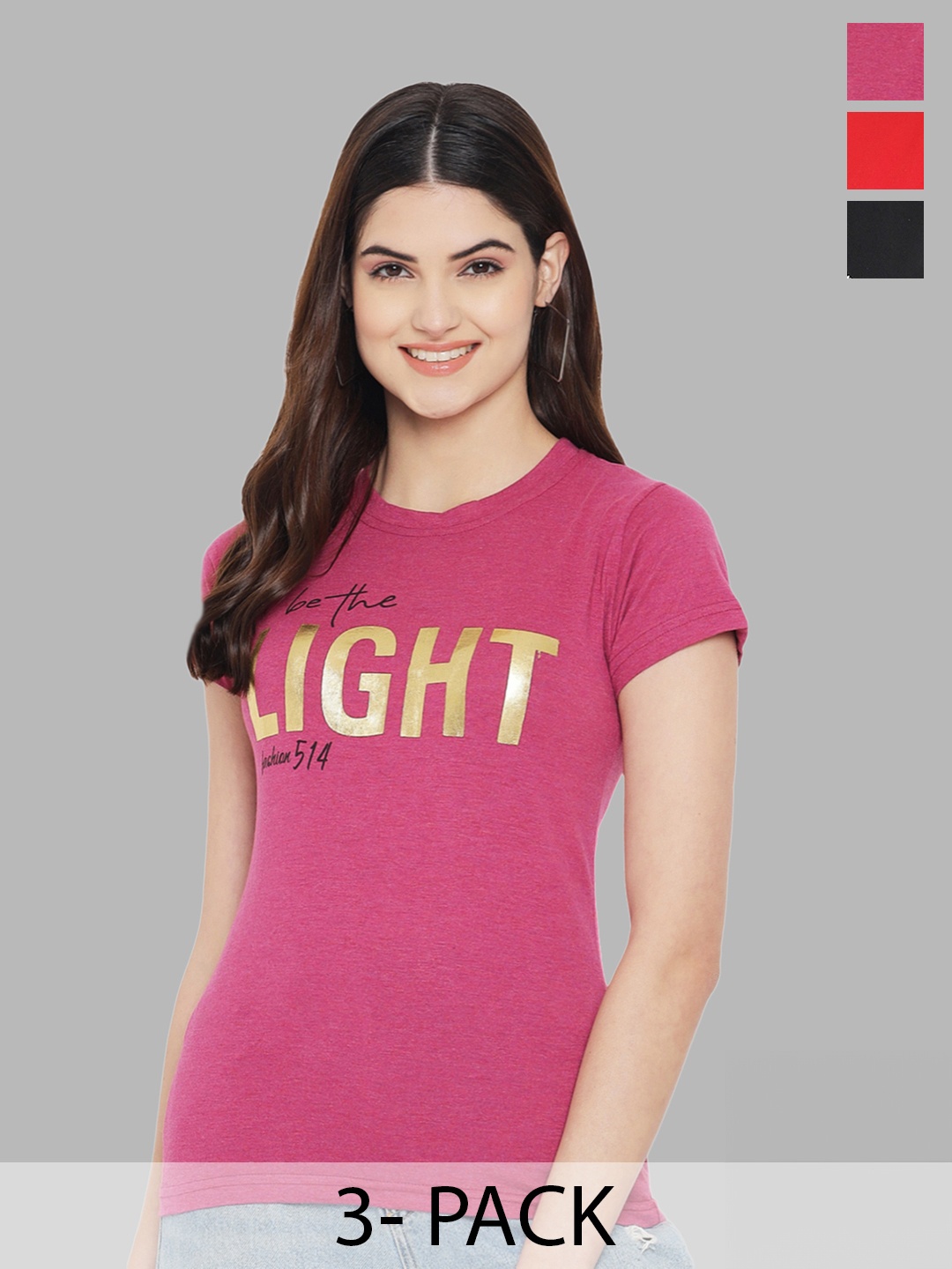 

Fabflee Pack Of 3 Typography Printed Pure Cotton T-shirt, Pink