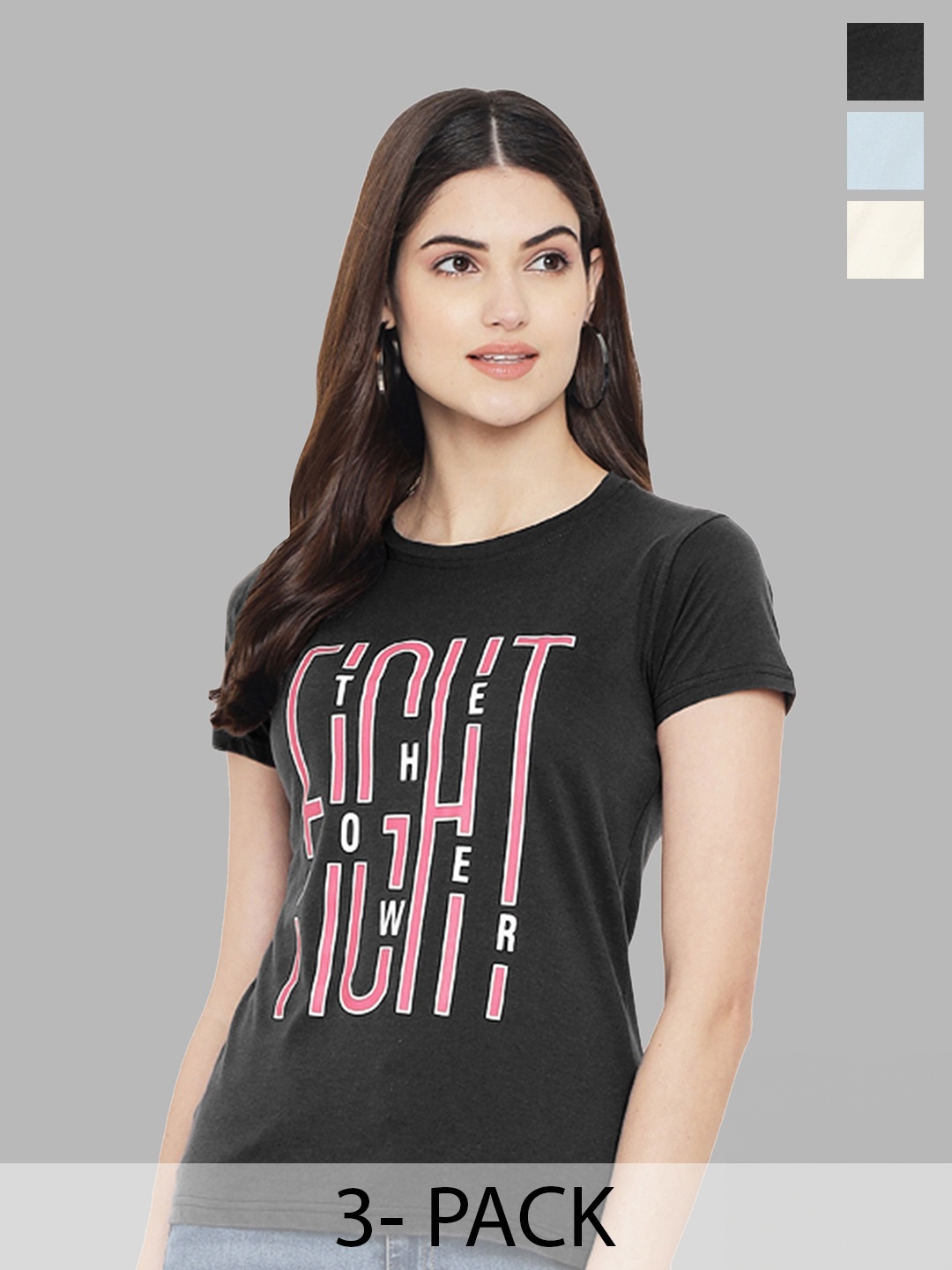 

Fabflee Pack Of 3 Typography Printed Pure Cotton T-shirt, Black
