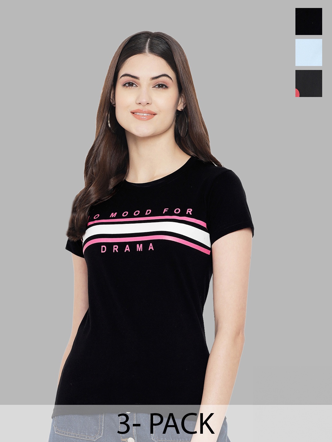 

Fabflee Pack Of 3 Typography Printed Pure Cotton T-shirt, Black