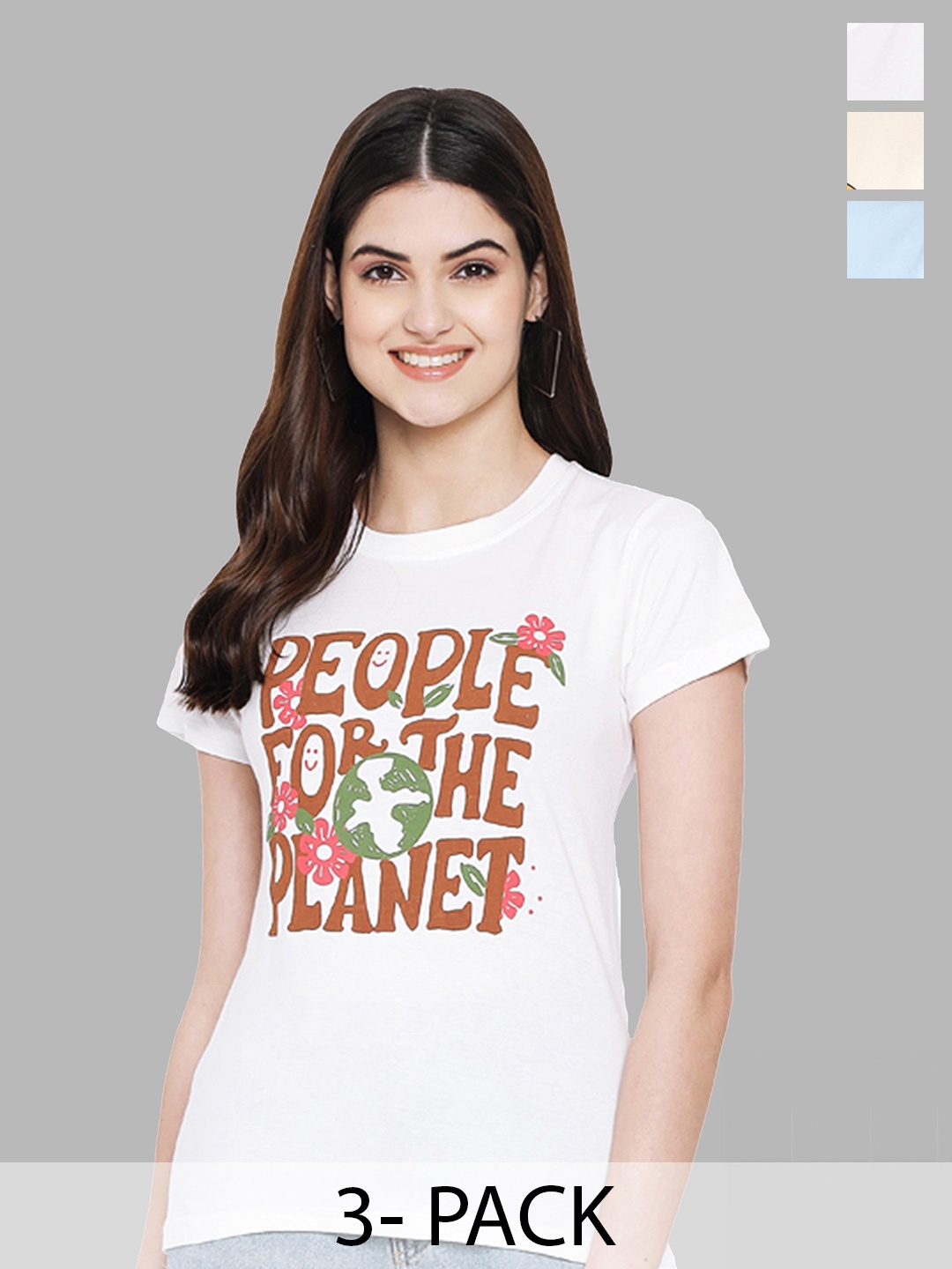 Fabflee Pack Of 3 Typography Printed Pure Cotton T-shirt, White