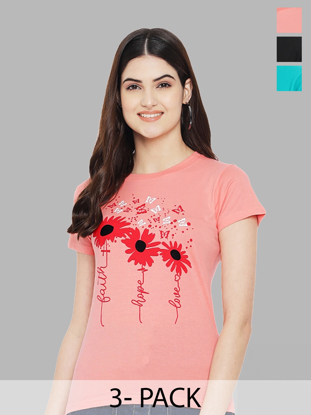 

Fabflee Pack Of 3 Printed Pure Cotton T-shirt, Peach