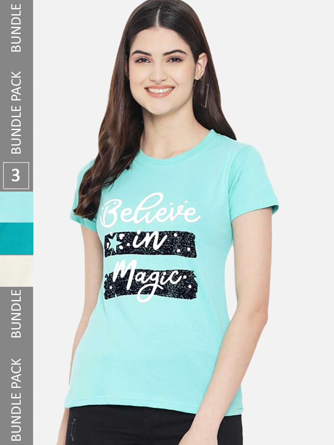 Fabflee Pack Of 3 Typography Printed Cotton T-shirt, Sea green