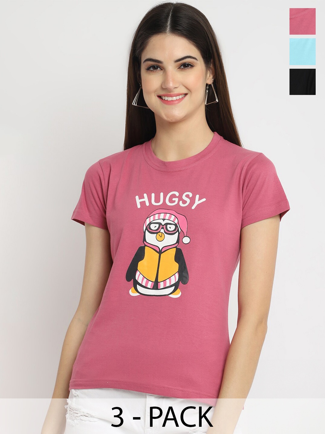 

Fabflee Pack Of 3 Printed Cotton T-shirt, Mauve